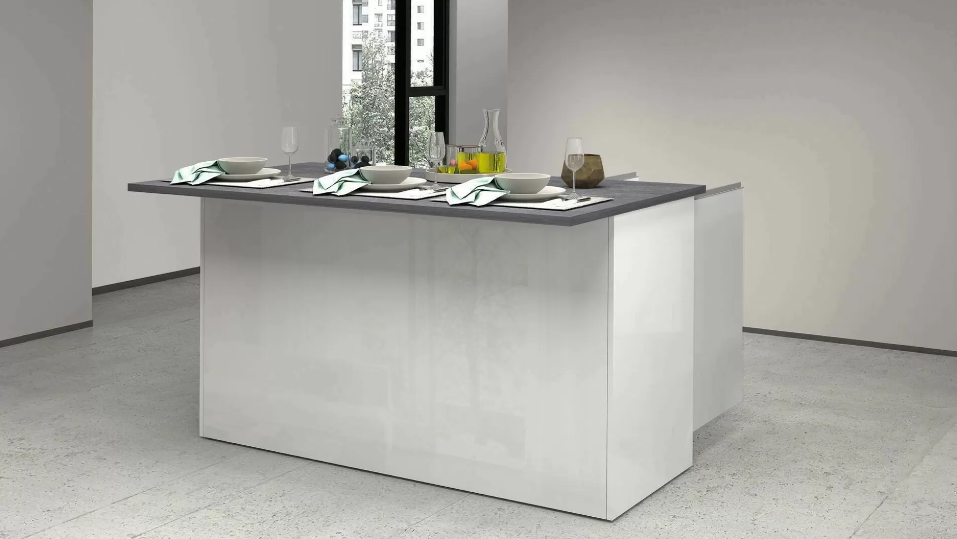 Dmora Mobili Dispensa<Isola da cucina Tartaro, 155x90h90 cm, Bianco lucido e Ardesia
