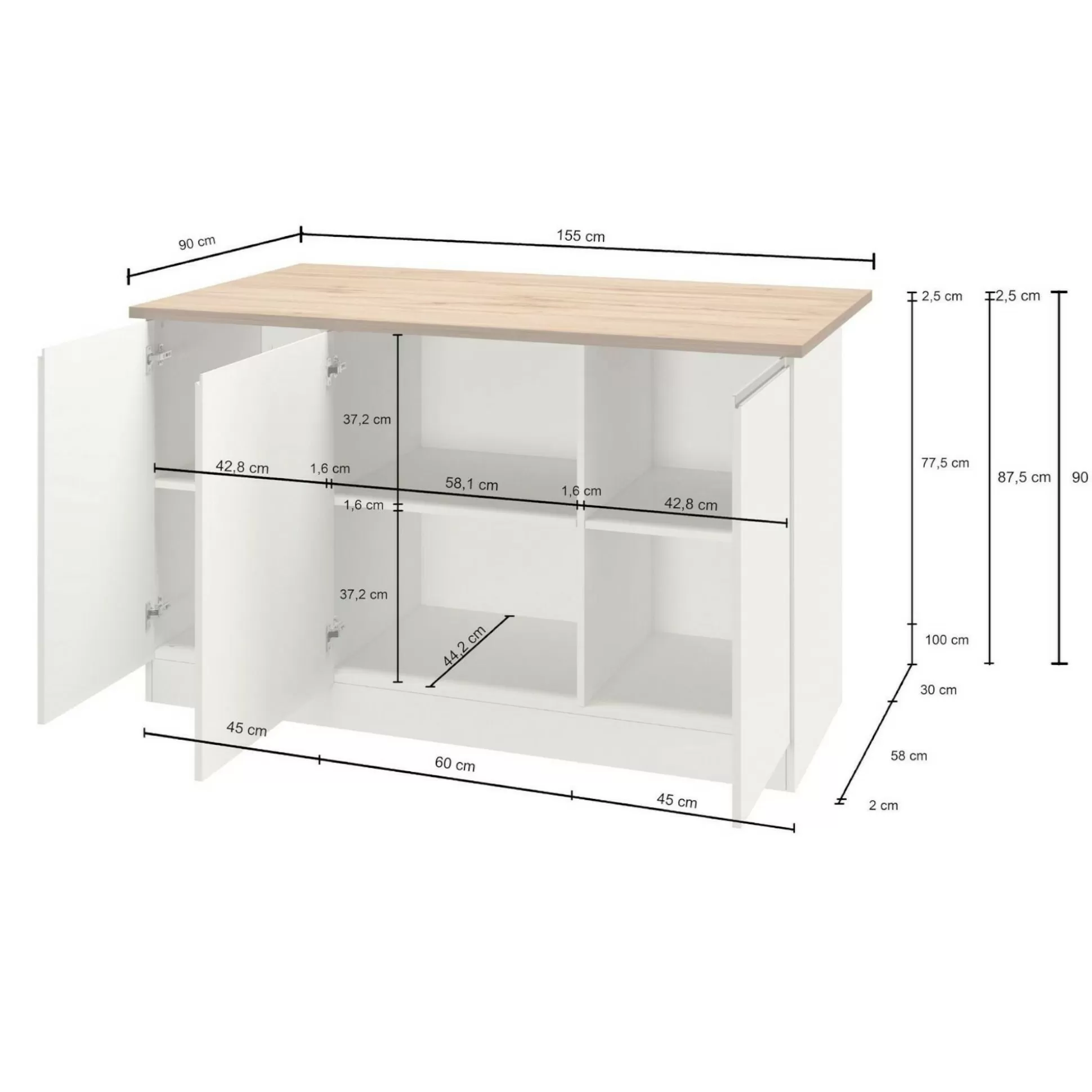 Dmora Mobili Dispensa<Isola da cucina Tartaro, 155x90h90 cm, Bianco lucido e Ardesia