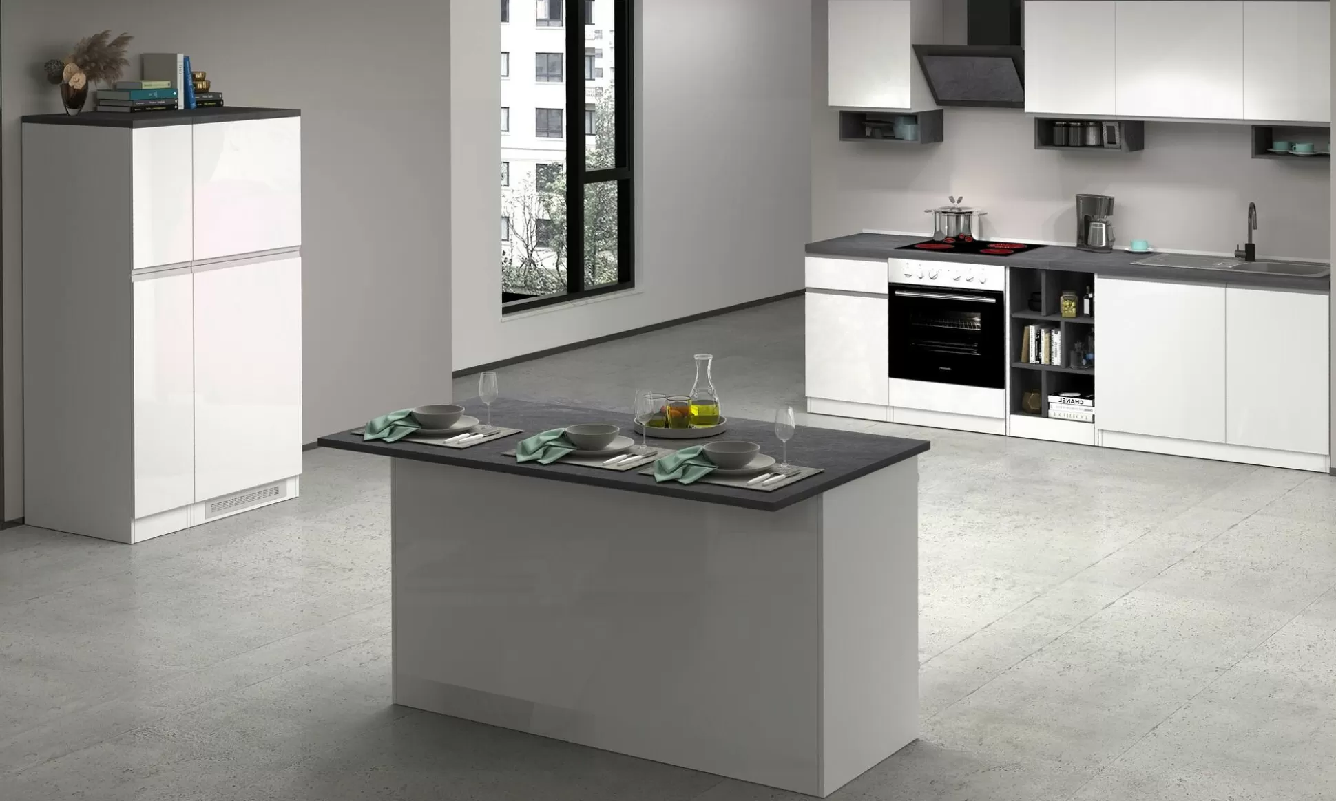 Dmora Mobili Dispensa<Isola da cucina Tartaro, 155x90h90 cm, Bianco lucido e Ardesia