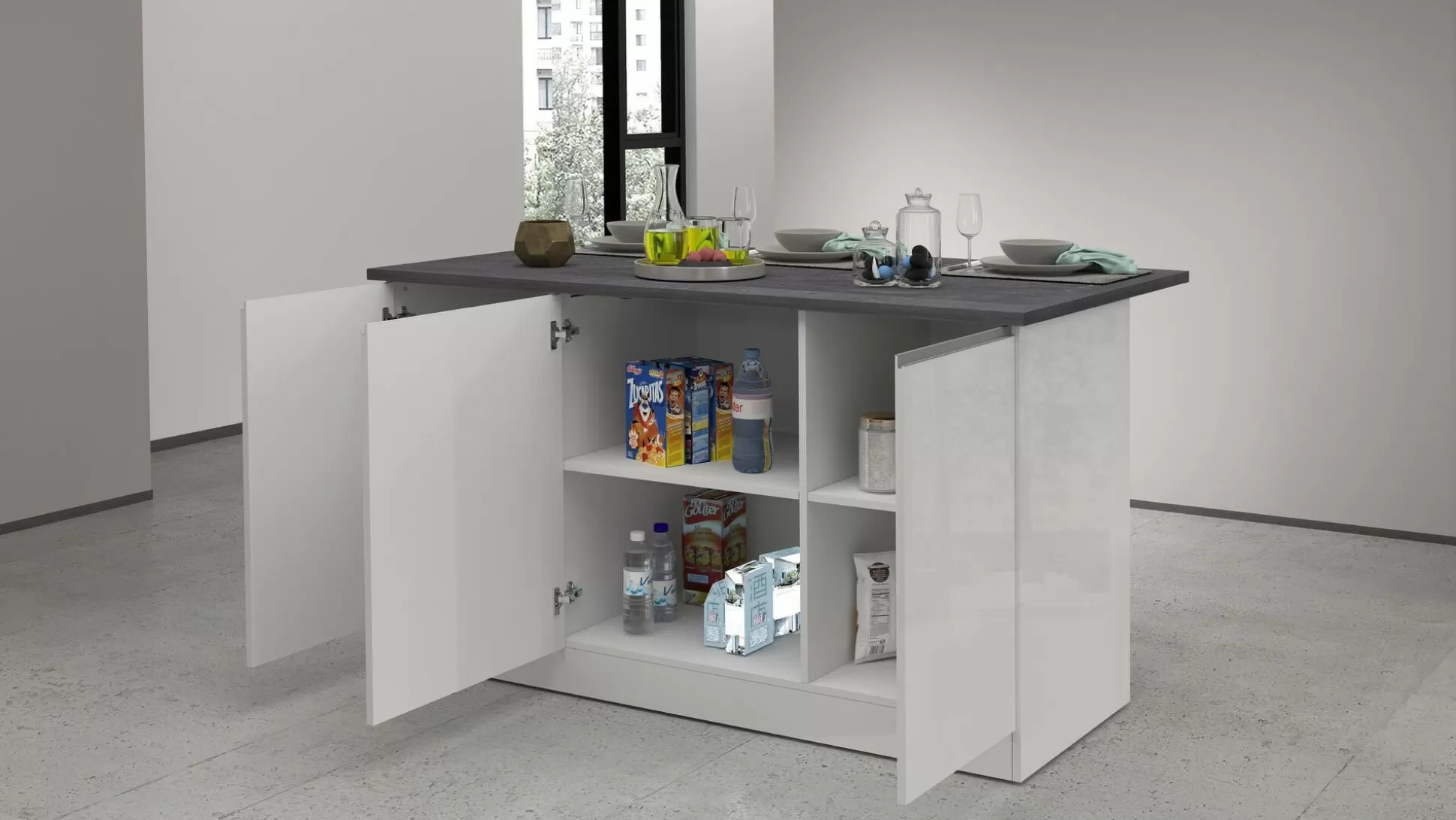 Dmora Mobili Dispensa<Isola da cucina Tartaro, 155x90h90 cm, Bianco lucido e Ardesia