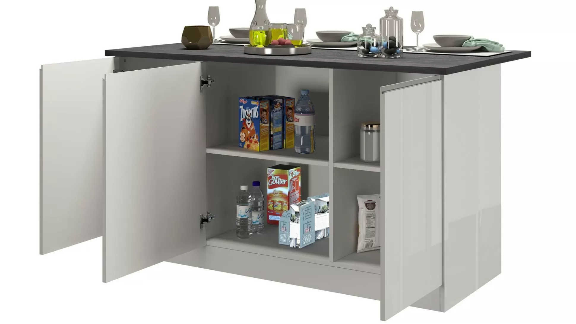 Dmora Mobili Dispensa<Isola da cucina Tartaro, 155x90h90 cm, Bianco lucido e Ardesia