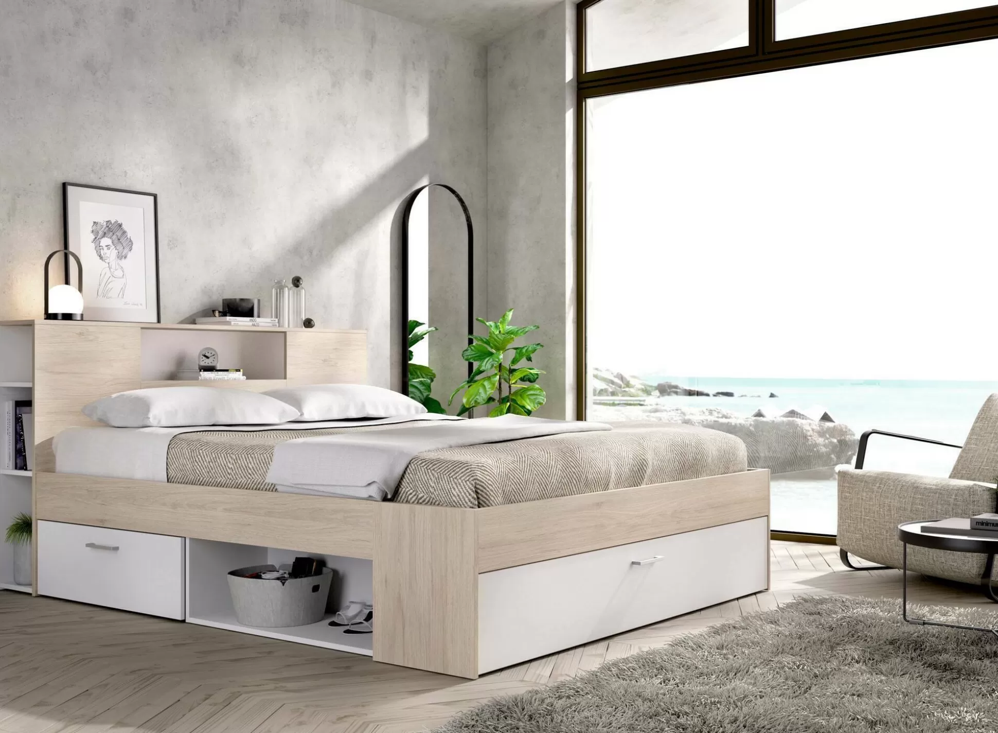 Dmora Letti Alla Francese<Letto alla francese Conching, 150x219 h95 cm, Bianco e Rovere