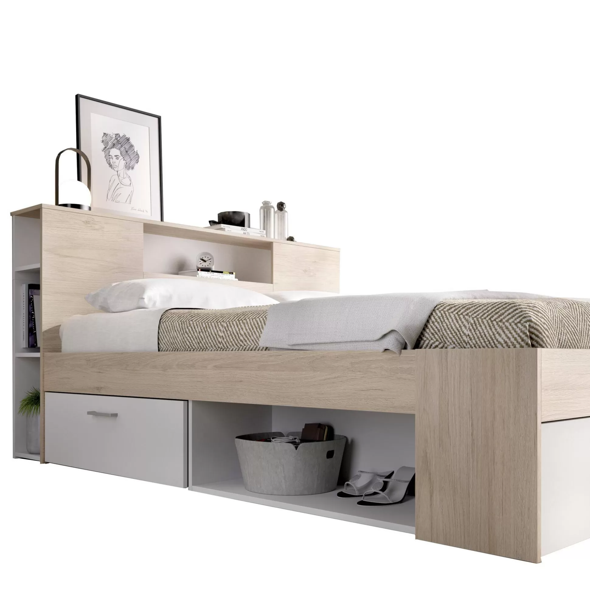 Dmora Letti Alla Francese<Letto alla francese Conching, 150x219 h95 cm, Bianco e Rovere