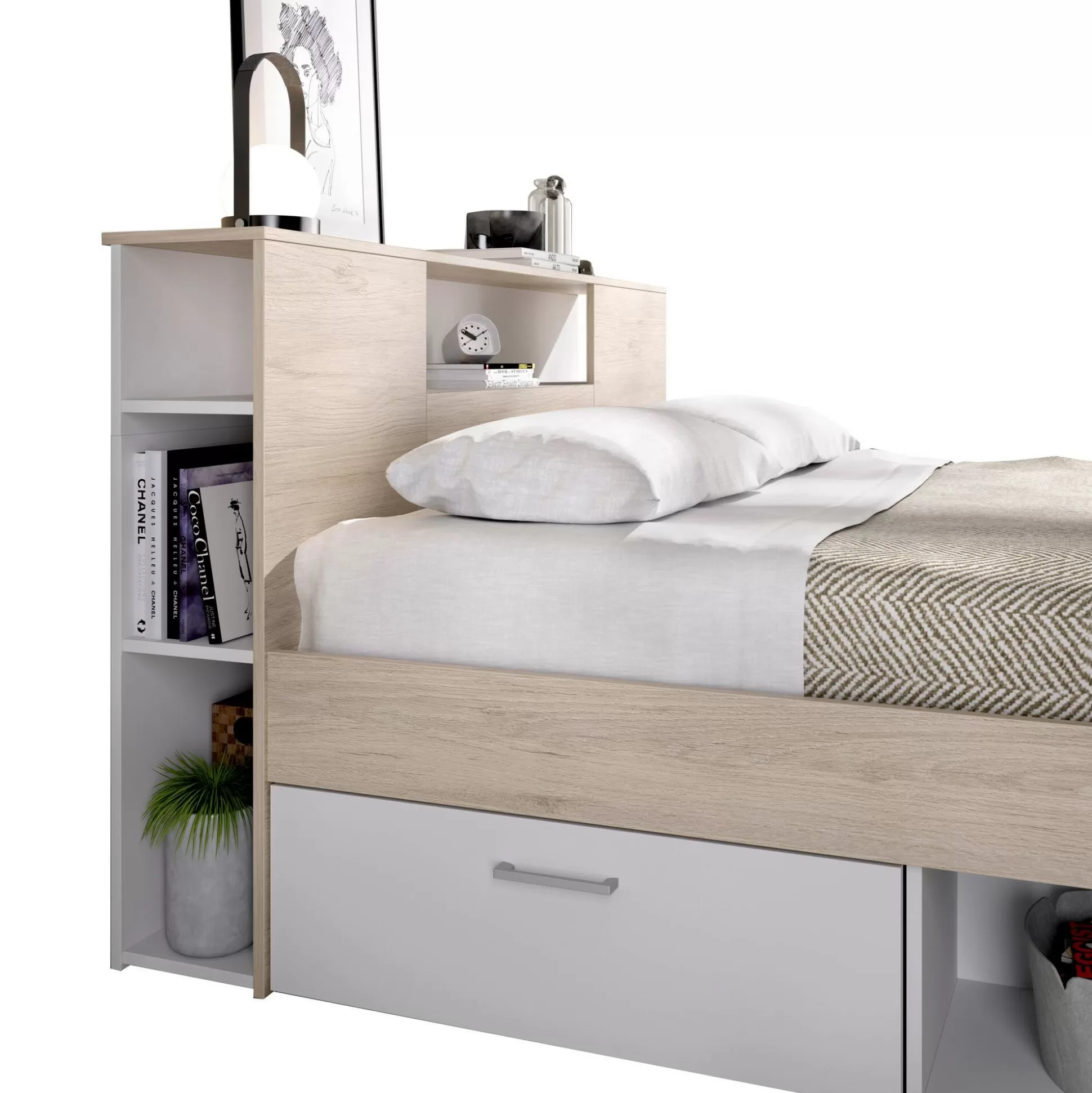 Dmora Letti Alla Francese<Letto alla francese Conching, 150x219 h95 cm, Bianco e Rovere