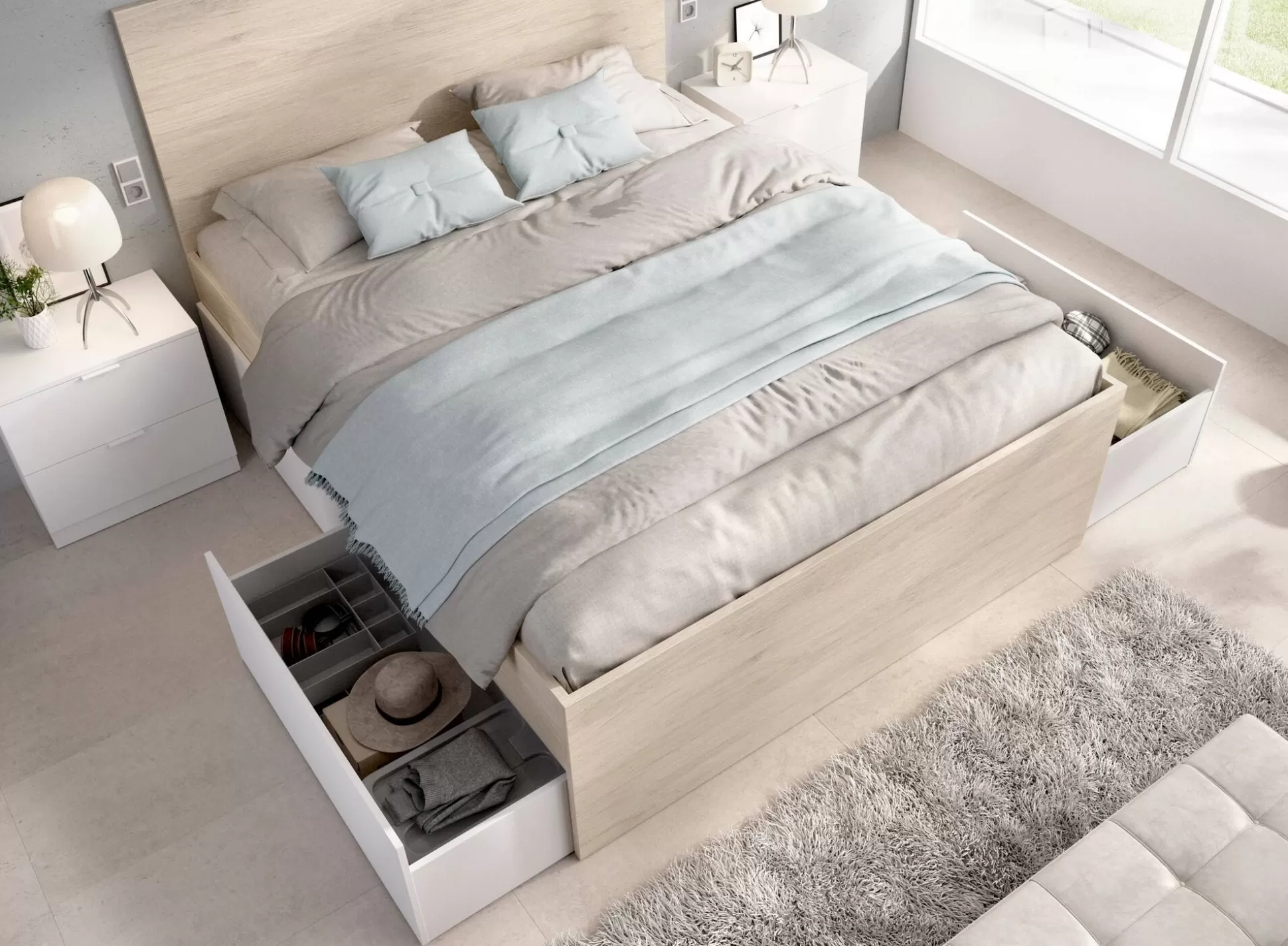 Dmora Letti Alla Francese<Letto alla francese Iona, 249x195 h100 cm, Bianco e Rovere