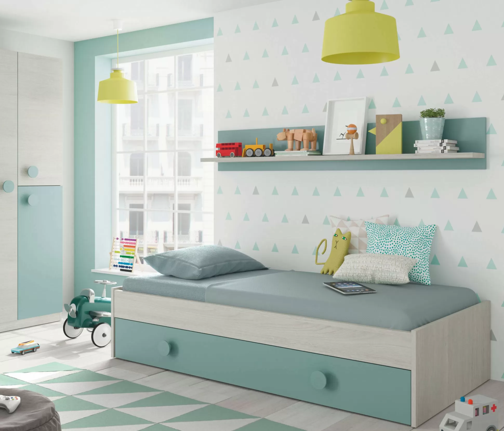 Dmora Letti Singoli<Letto per bambini Aqua, 201x98h43 cm, Bianco e Verde acqua