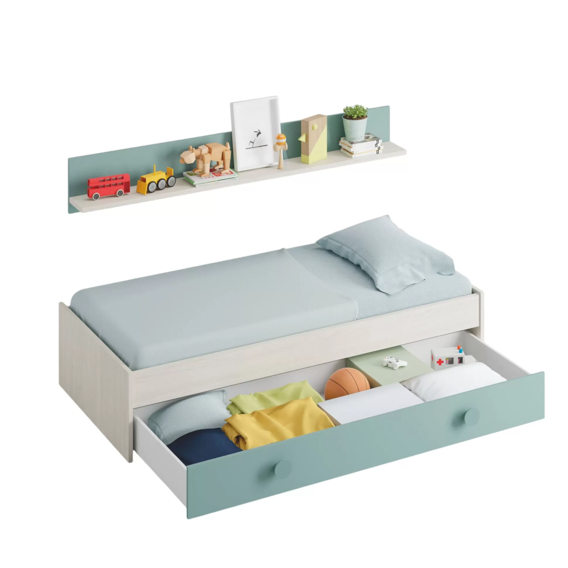 Dmora Letti Singoli<Letto per bambini Aqua, 201x98h43 cm, Bianco e Verde acqua