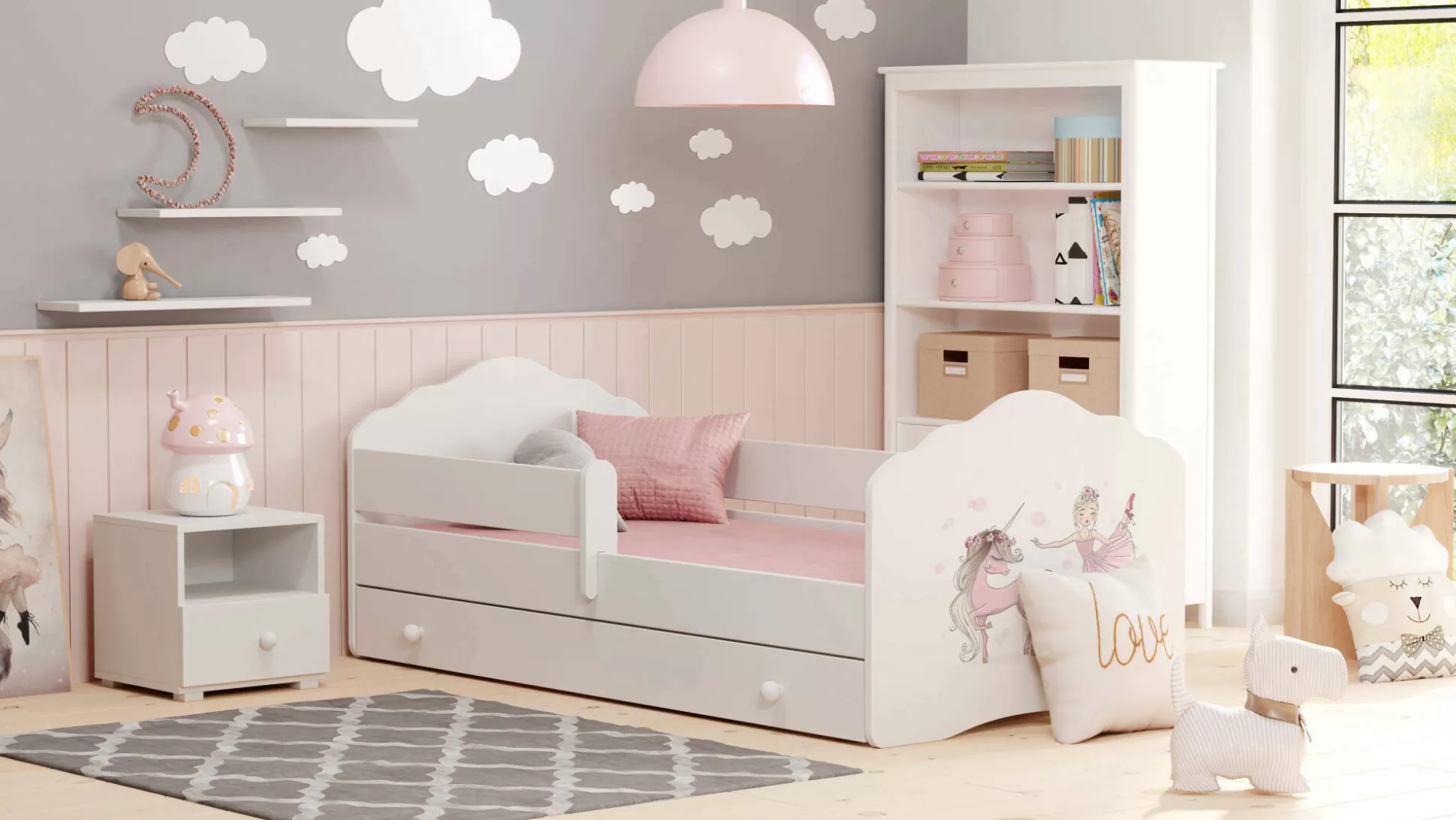 Dmora Letti Singoli<Letto per bambini Hagibis, 78x144 h65 cm, con unicorno