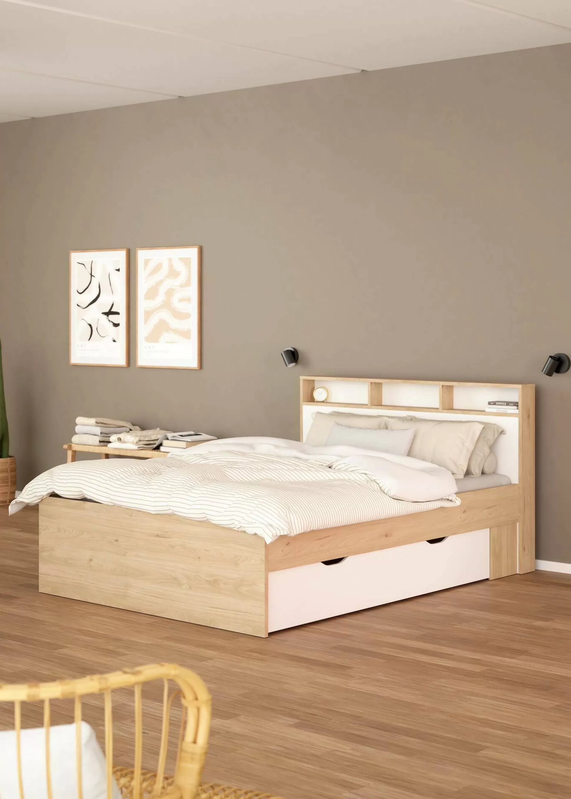 Dmora Letti Piazza E Mezza<Letto piazza e mezza Drovell, 206x150 h97 cm, Rovere e Bianco