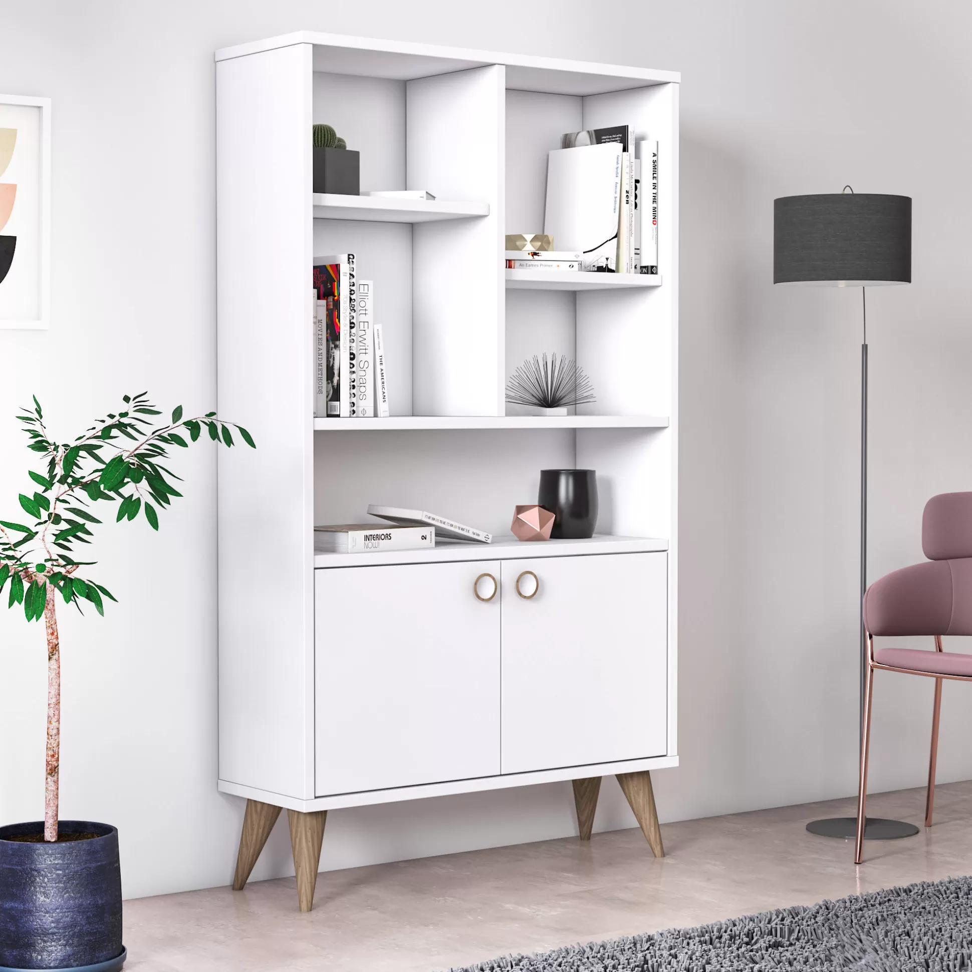 Dmora Librerie<Libreria con due ante battenti e cinque scomparti aperti, cm 75 x 25 x 131, colore