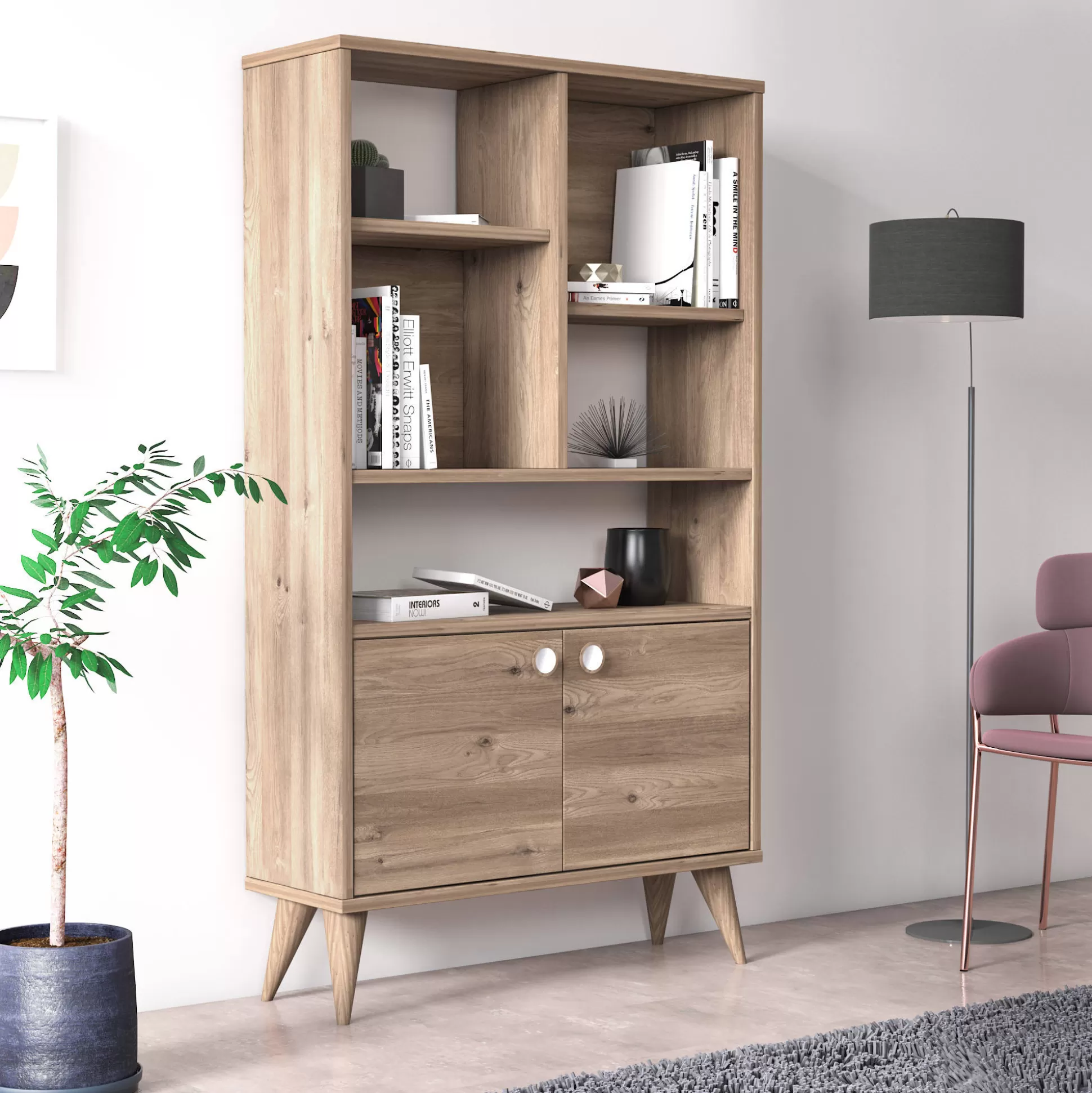 Dmora Librerie<Libreria con due ante battenti e cinque scomparti aperti, cm 75 x 25 x 131, colore