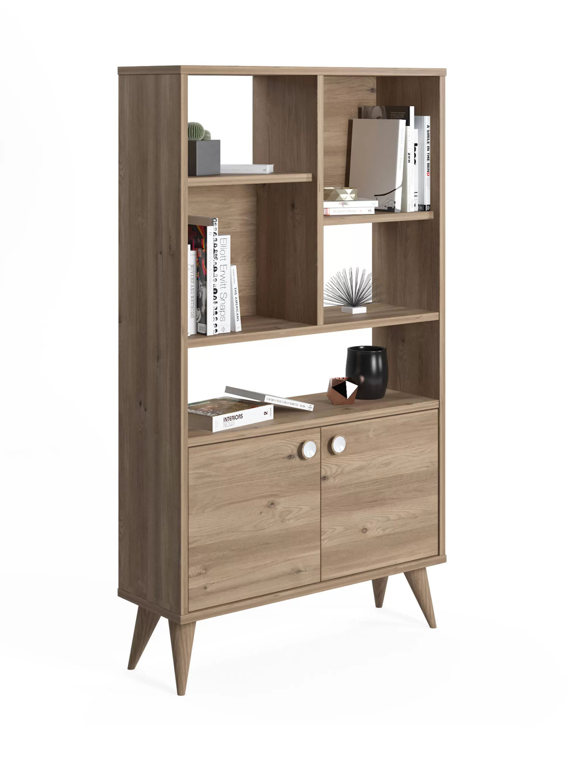 Dmora Librerie<Libreria con due ante battenti e cinque scomparti aperti, cm 75 x 25 x 131, colore