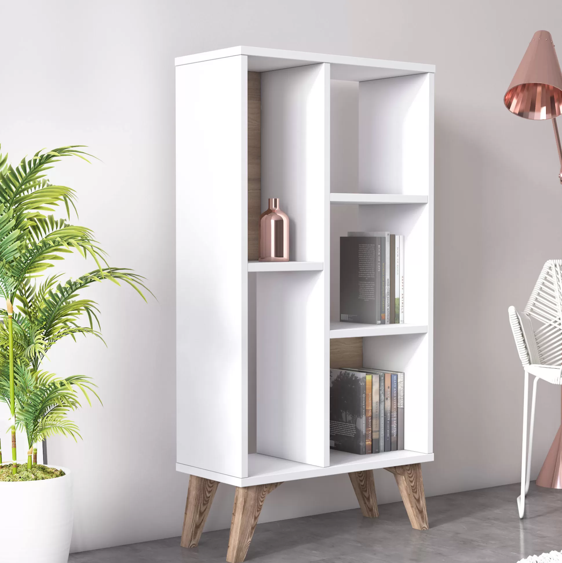 Dmora Librerie<Libreria essenziale con cinque scomparti aperti di diverse misure, cm 55 x 25 x 106, colore con dettaglio noce