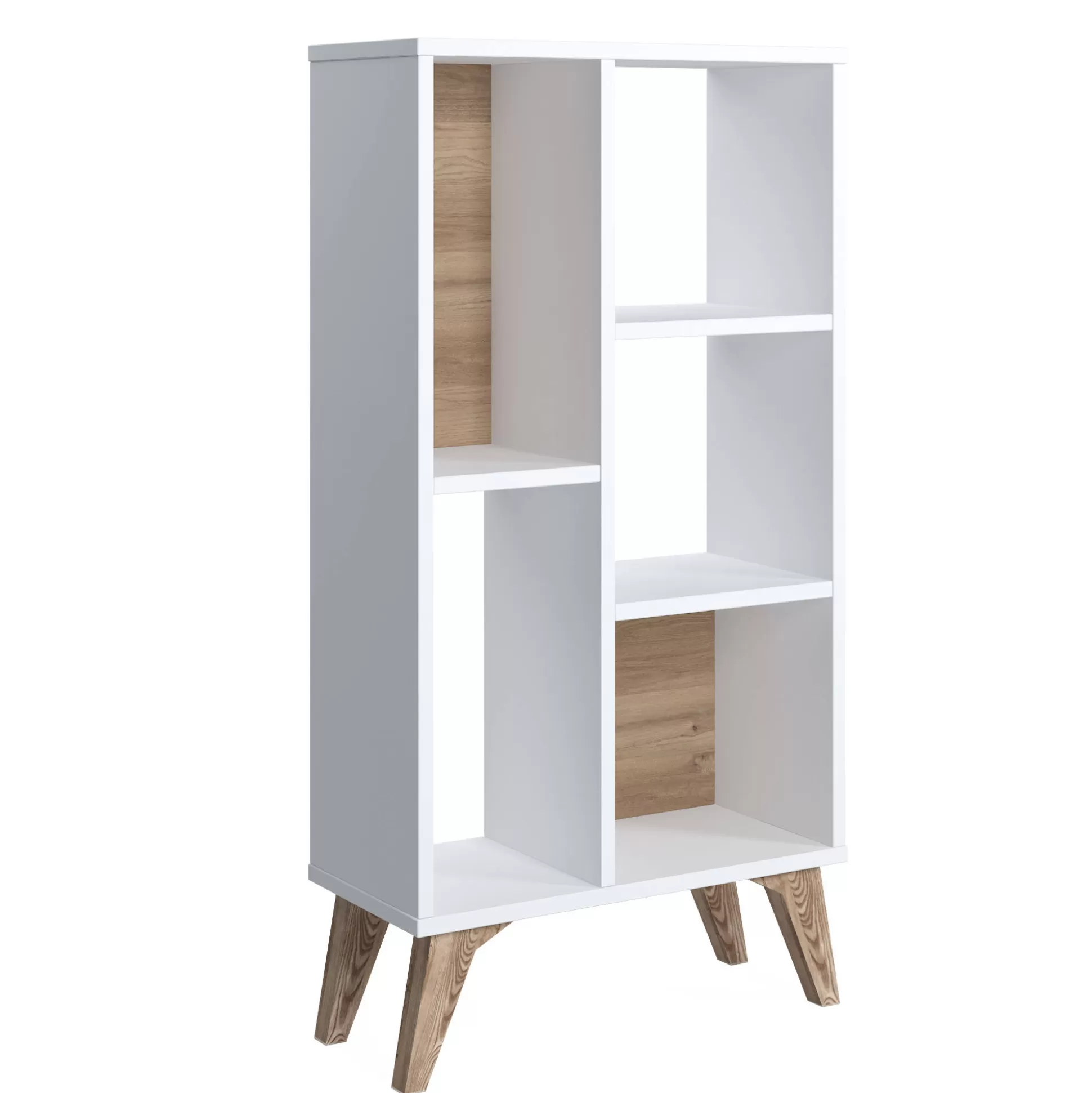 Dmora Librerie<Libreria essenziale con cinque scomparti aperti di diverse misure, cm 55 x 25 x 106, colore con dettaglio noce