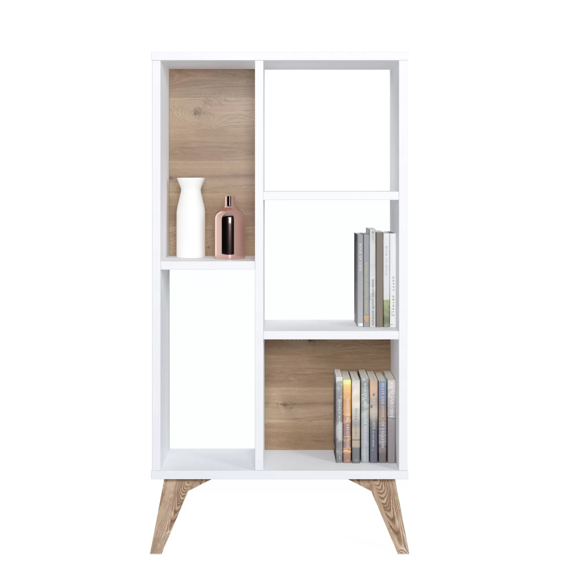 Dmora Librerie<Libreria essenziale con cinque scomparti aperti di diverse misure, cm 55 x 25 x 106, colore con dettaglio noce