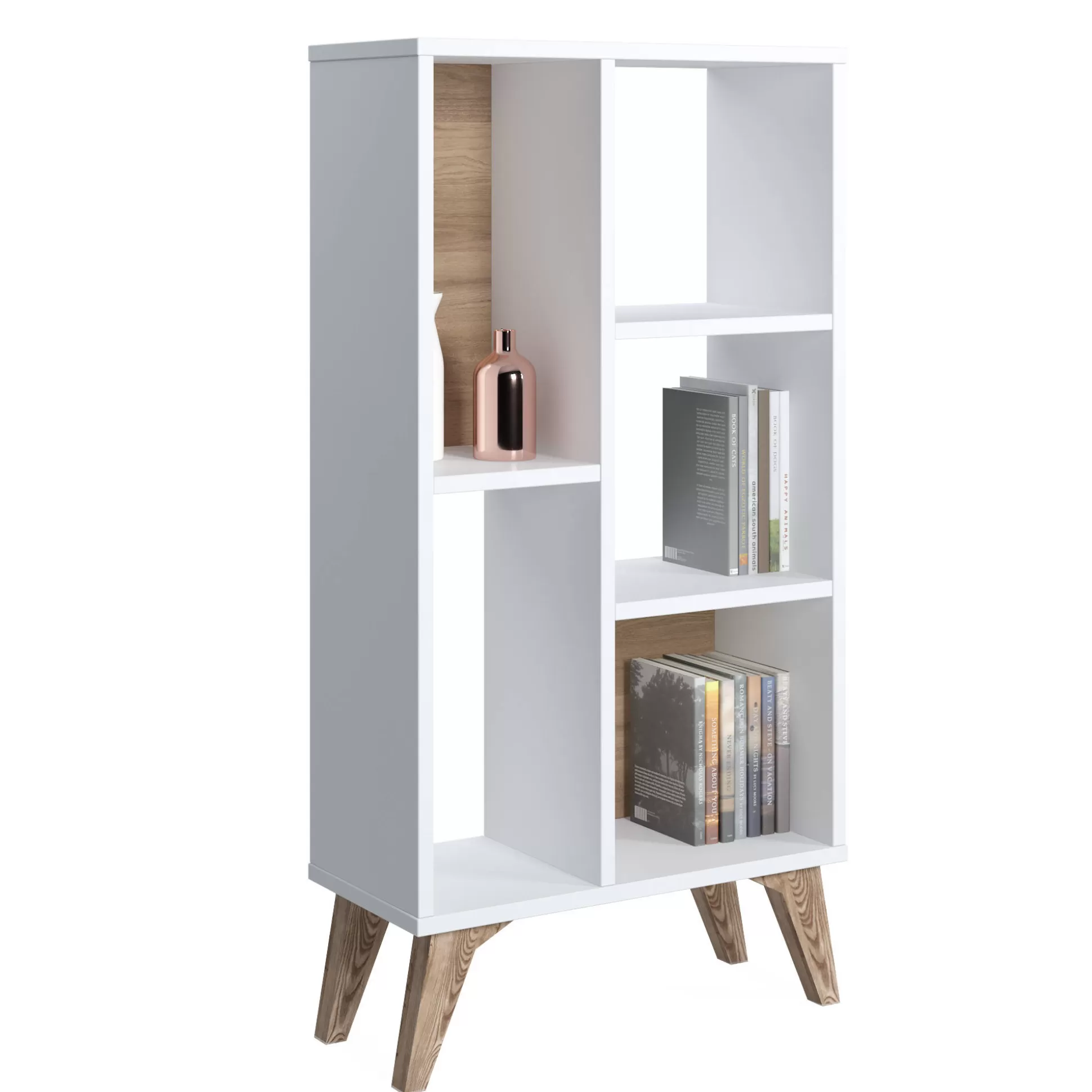 Dmora Librerie<Libreria essenziale con cinque scomparti aperti di diverse misure, cm 55 x 25 x 106, colore con dettaglio noce