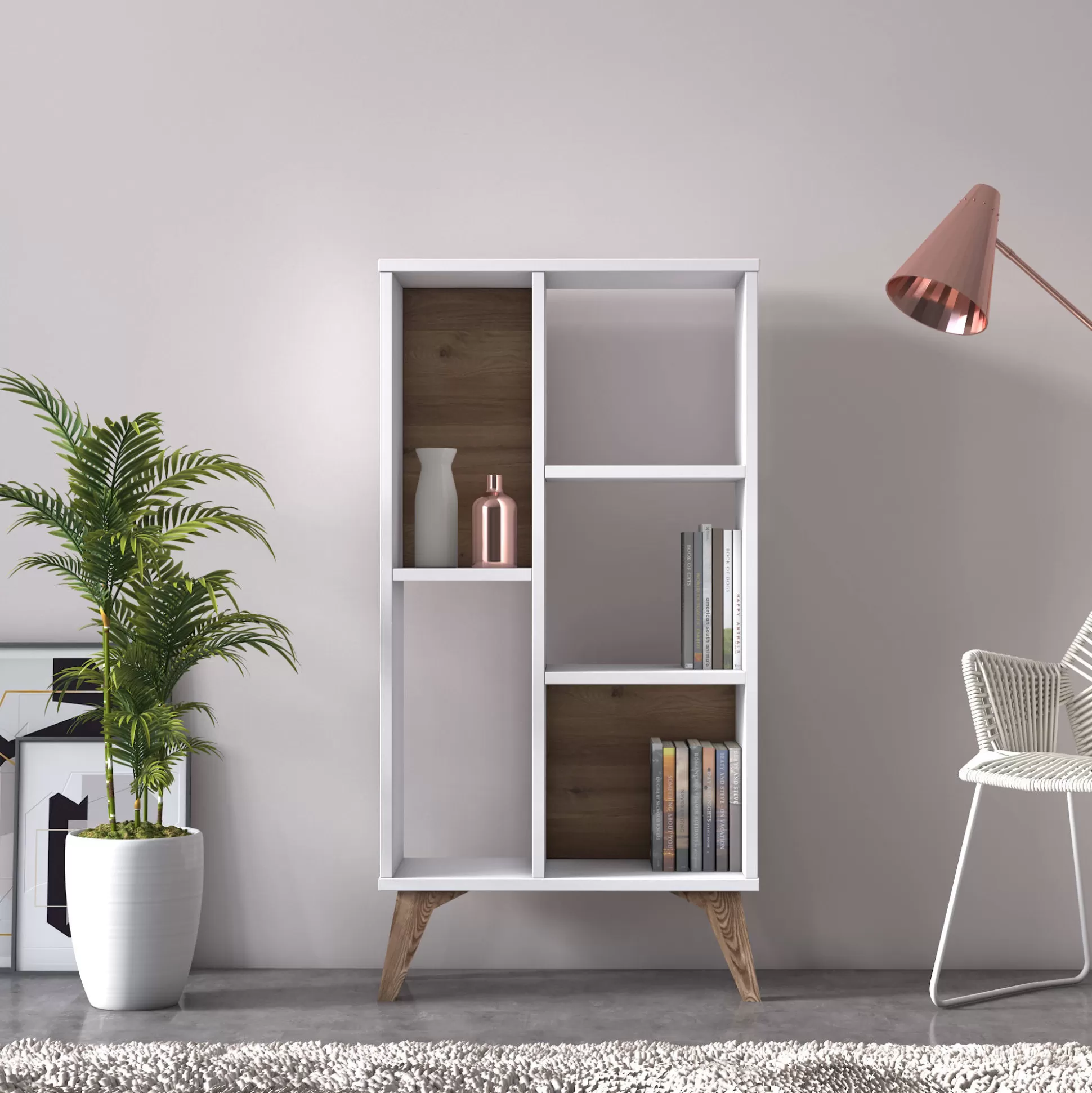 Dmora Librerie<Libreria essenziale con cinque scomparti aperti di diverse misure, cm 55 x 25 x 106, colore con dettaglio noce