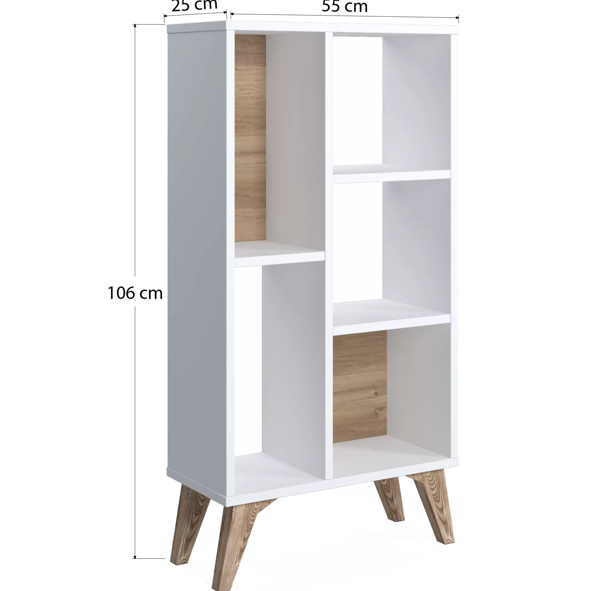 Dmora Librerie<Libreria essenziale con cinque scomparti aperti di diverse misure, cm 55 x 25 x 106, colore con dettaglio noce