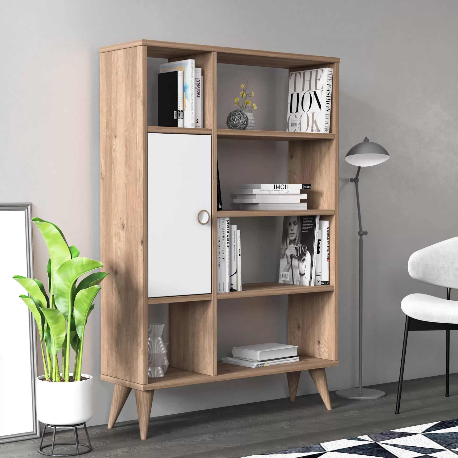 Dmora Librerie<Libreria essenziale con sei scomparti aperti e un'anta battente, cm 80 x 25 x 121, colore con dettaglio bianco
