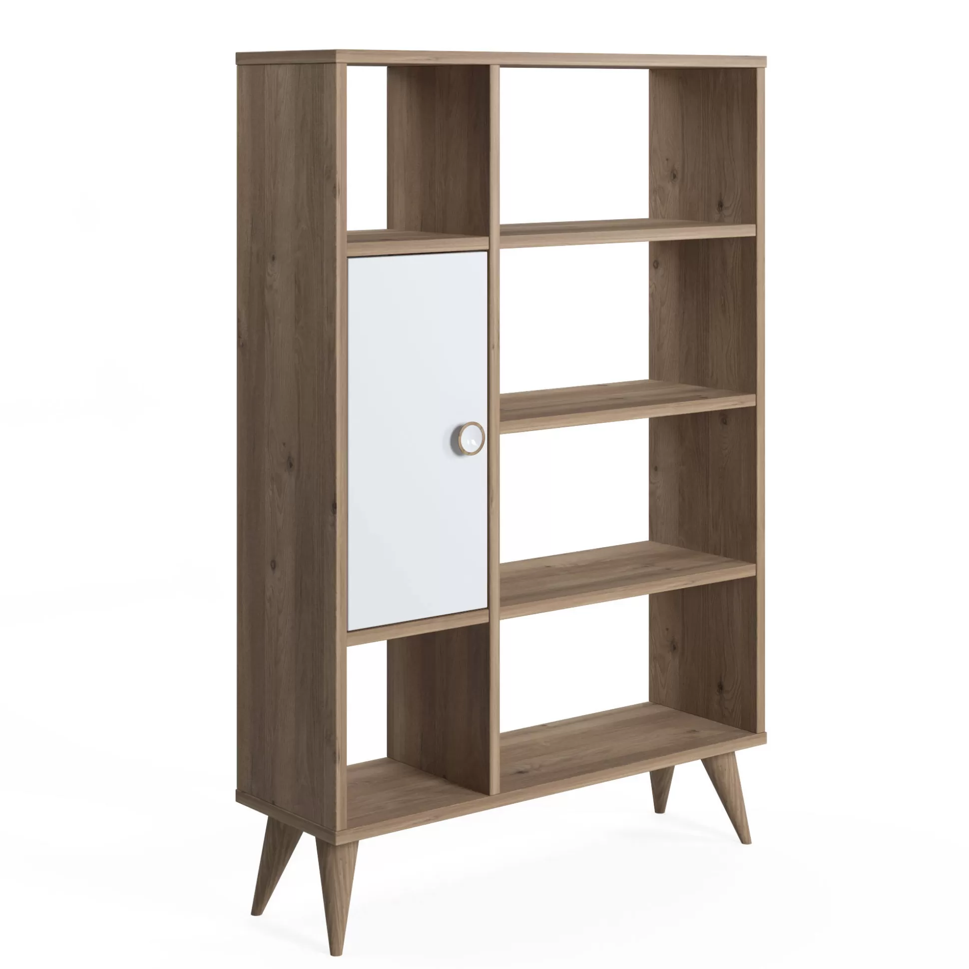 Dmora Librerie<Libreria essenziale con sei scomparti aperti e un'anta battente, cm 80 x 25 x 121, colore con dettaglio bianco