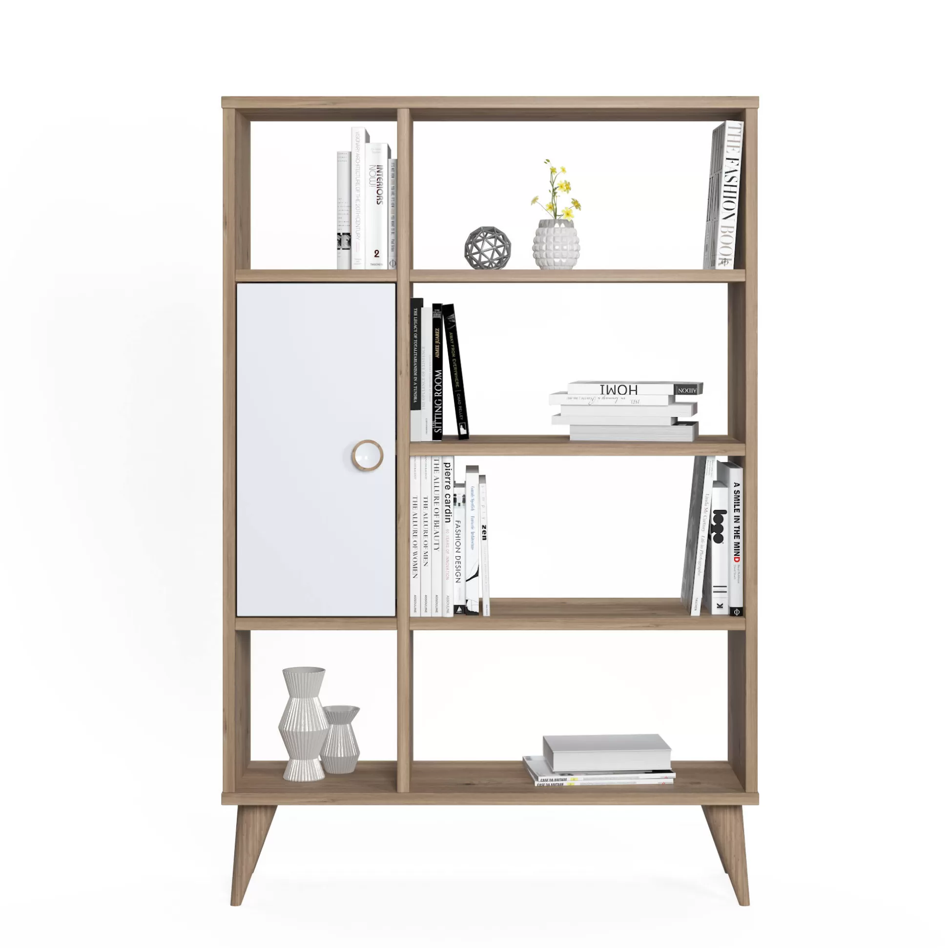 Dmora Librerie<Libreria essenziale con sei scomparti aperti e un'anta battente, cm 80 x 25 x 121, colore con dettaglio bianco