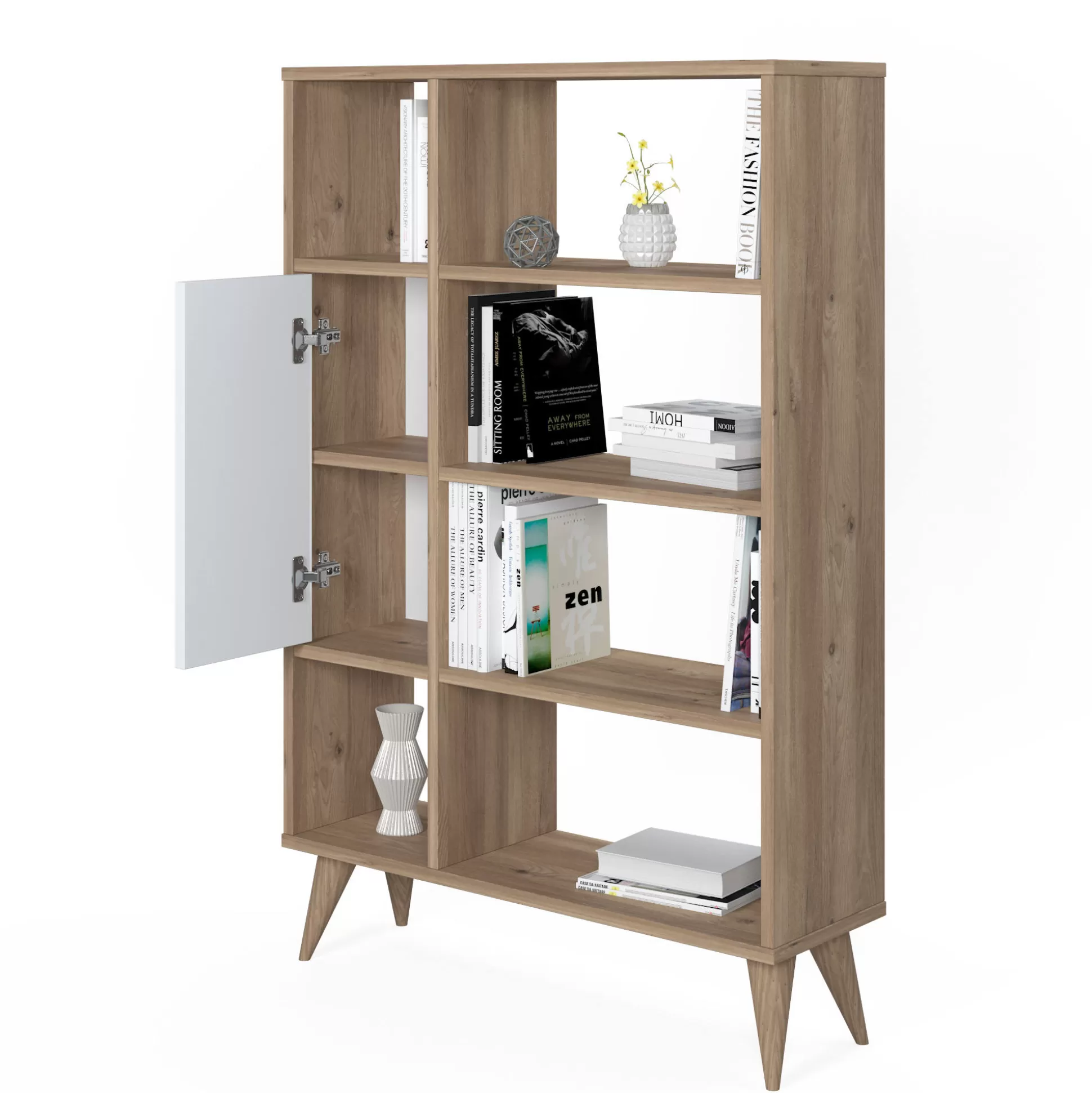 Dmora Librerie<Libreria essenziale con sei scomparti aperti e un'anta battente, cm 80 x 25 x 121, colore con dettaglio bianco
