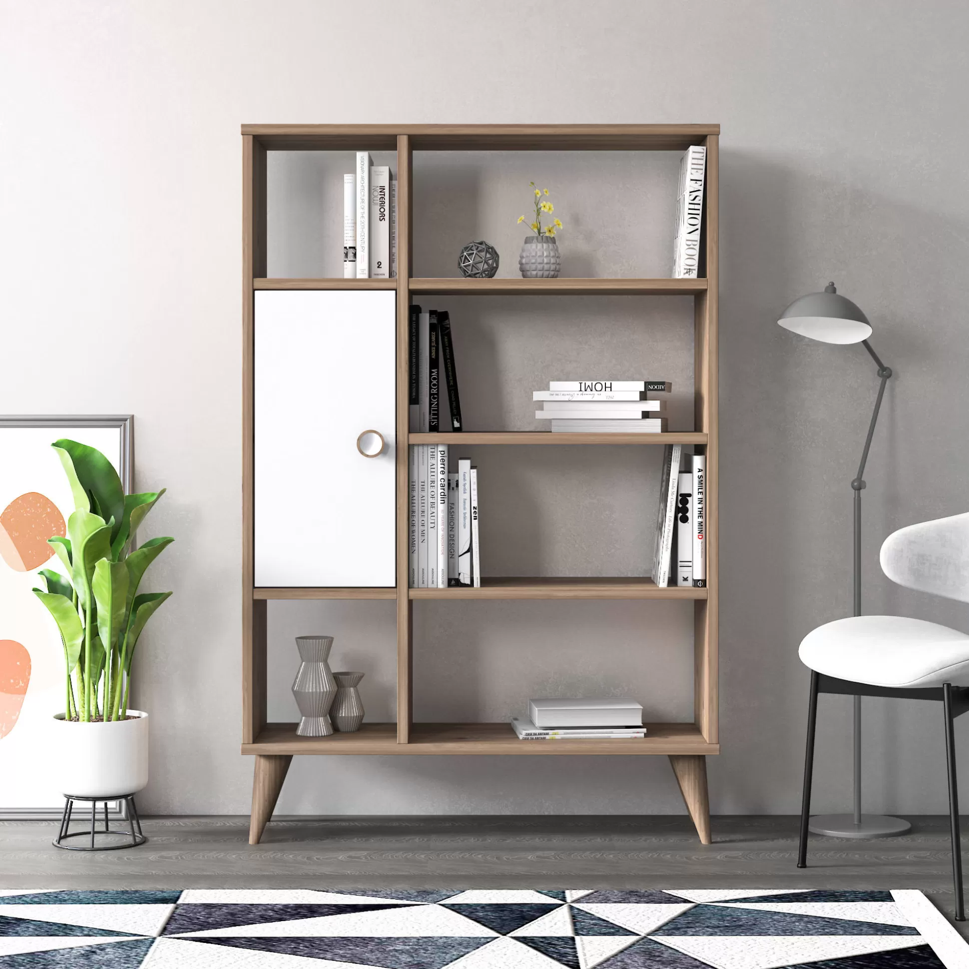 Dmora Librerie<Libreria essenziale con sei scomparti aperti e un'anta battente, cm 80 x 25 x 121, colore con dettaglio bianco