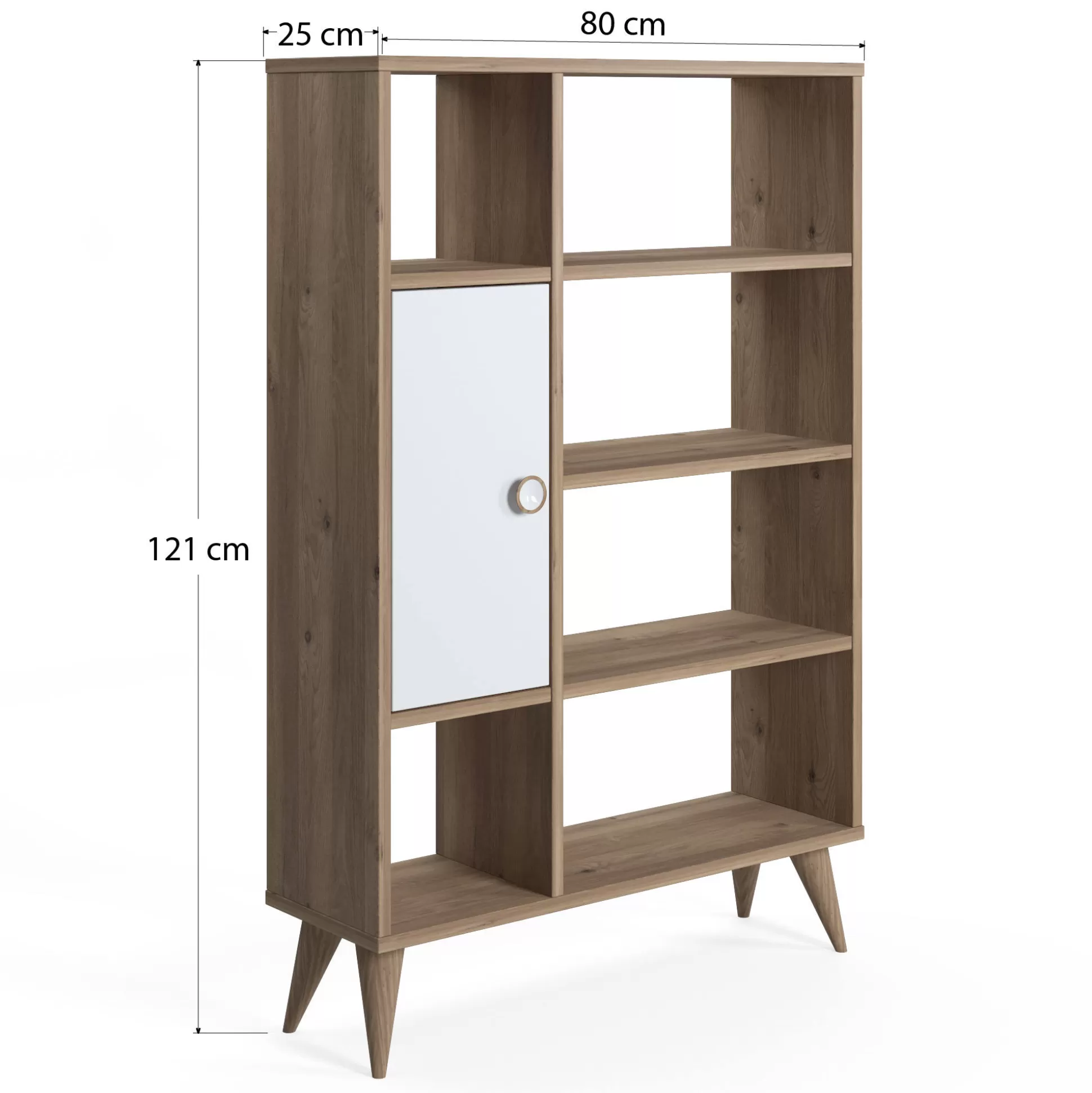 Dmora Librerie<Libreria essenziale con sei scomparti aperti e un'anta battente, cm 80 x 25 x 121, colore con dettaglio bianco