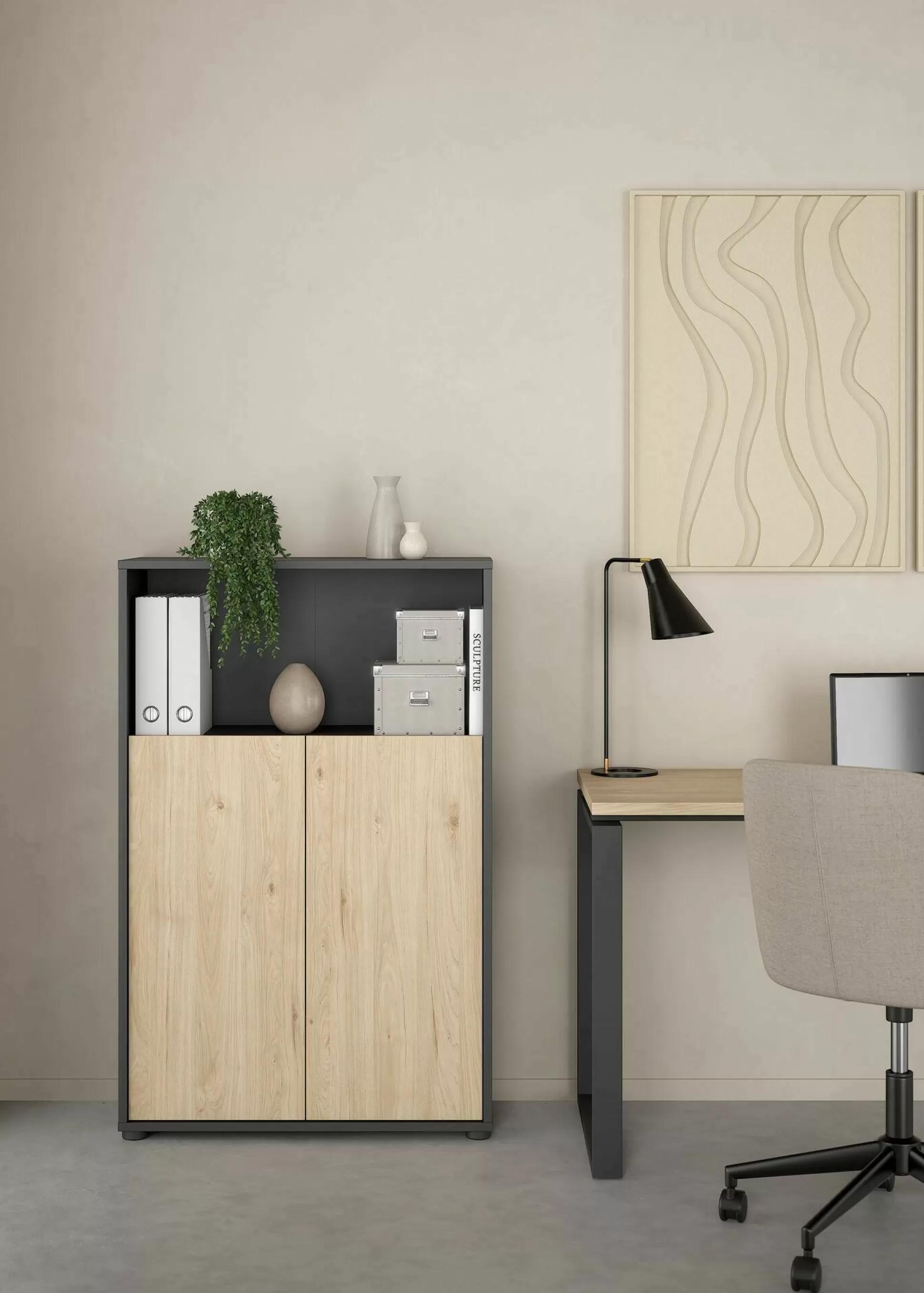 Dmora Librerie<Libreria Perrine, Scaffale da ufficio, Mobile portalibri, Biblioteca, 34x80 h124 cm, Rovere e Grigio
