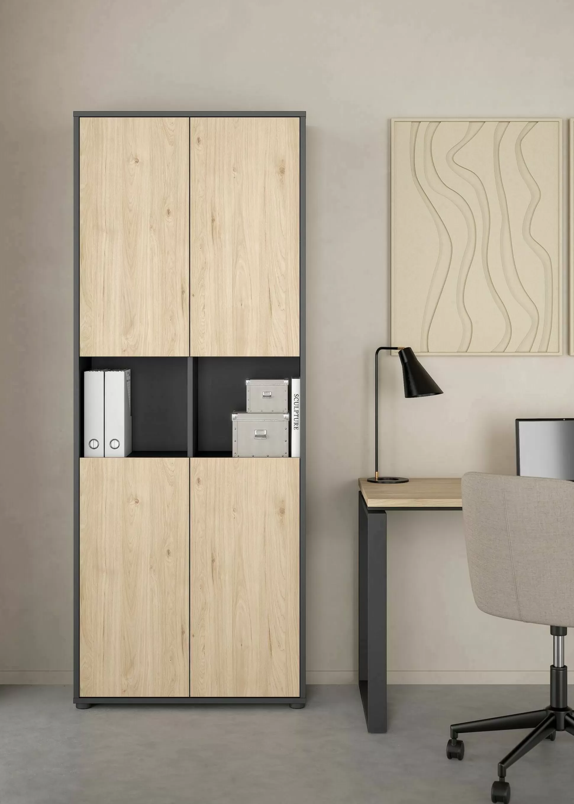 Dmora Librerie<Libreria Roseline, Scaffale da ufficio, Mobile portalibri, Biblioteca, 34x80 h205 cm, Rovere e Grigio