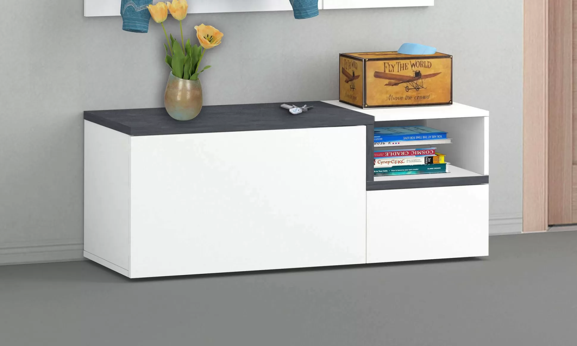 Dmora Mobili Da Ingresso<Mobile da ingresso Aska, cm 120x40h54, Bianco lucido e Ardesia