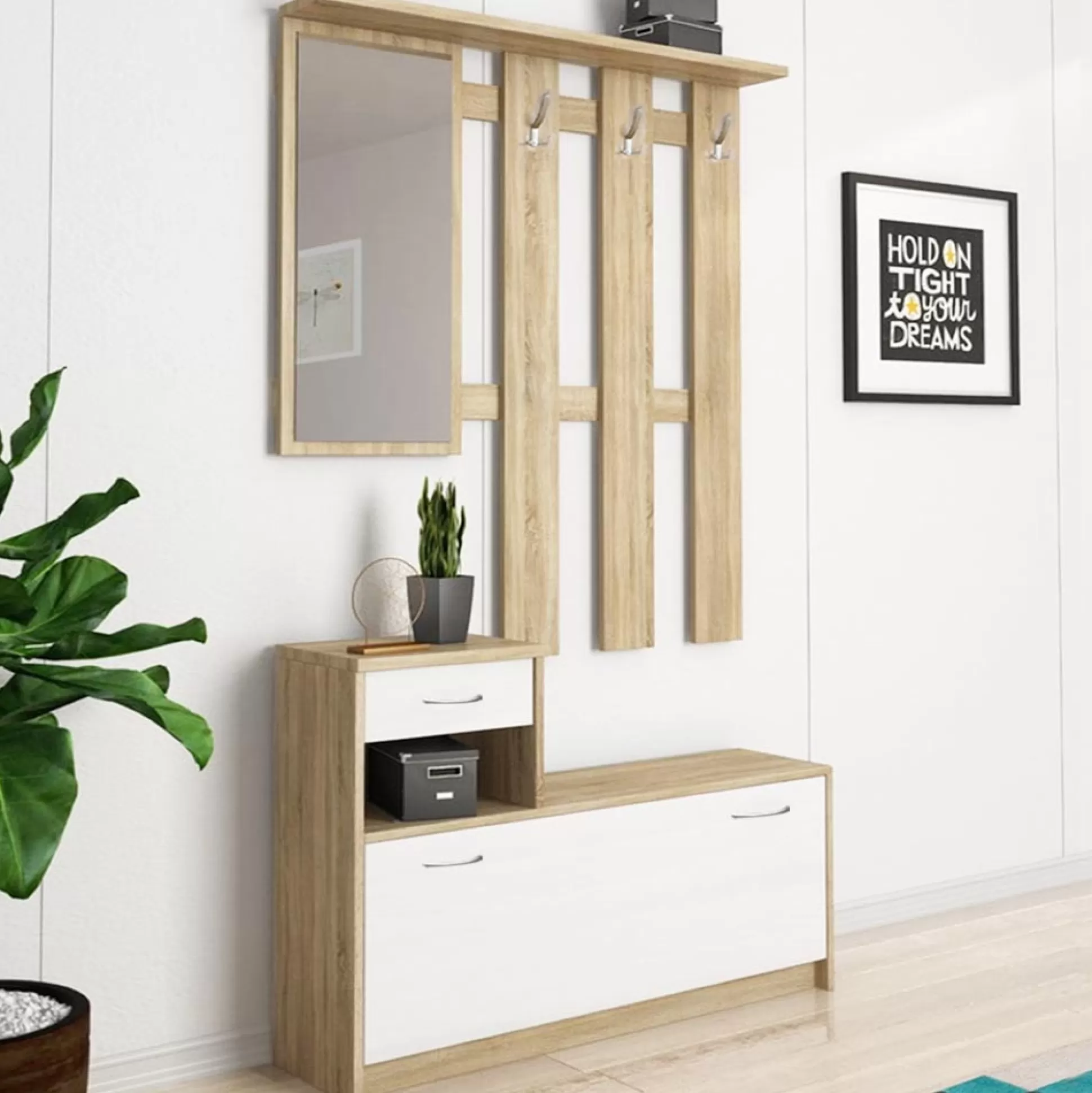 Dmora Mobili Da Ingresso<Mobile da ingresso con specchiera, entratina per atrio con scarpiera, Svuotatasche per piccoli appartamenti, cm 100x25h180, colore Bianco e Rovere