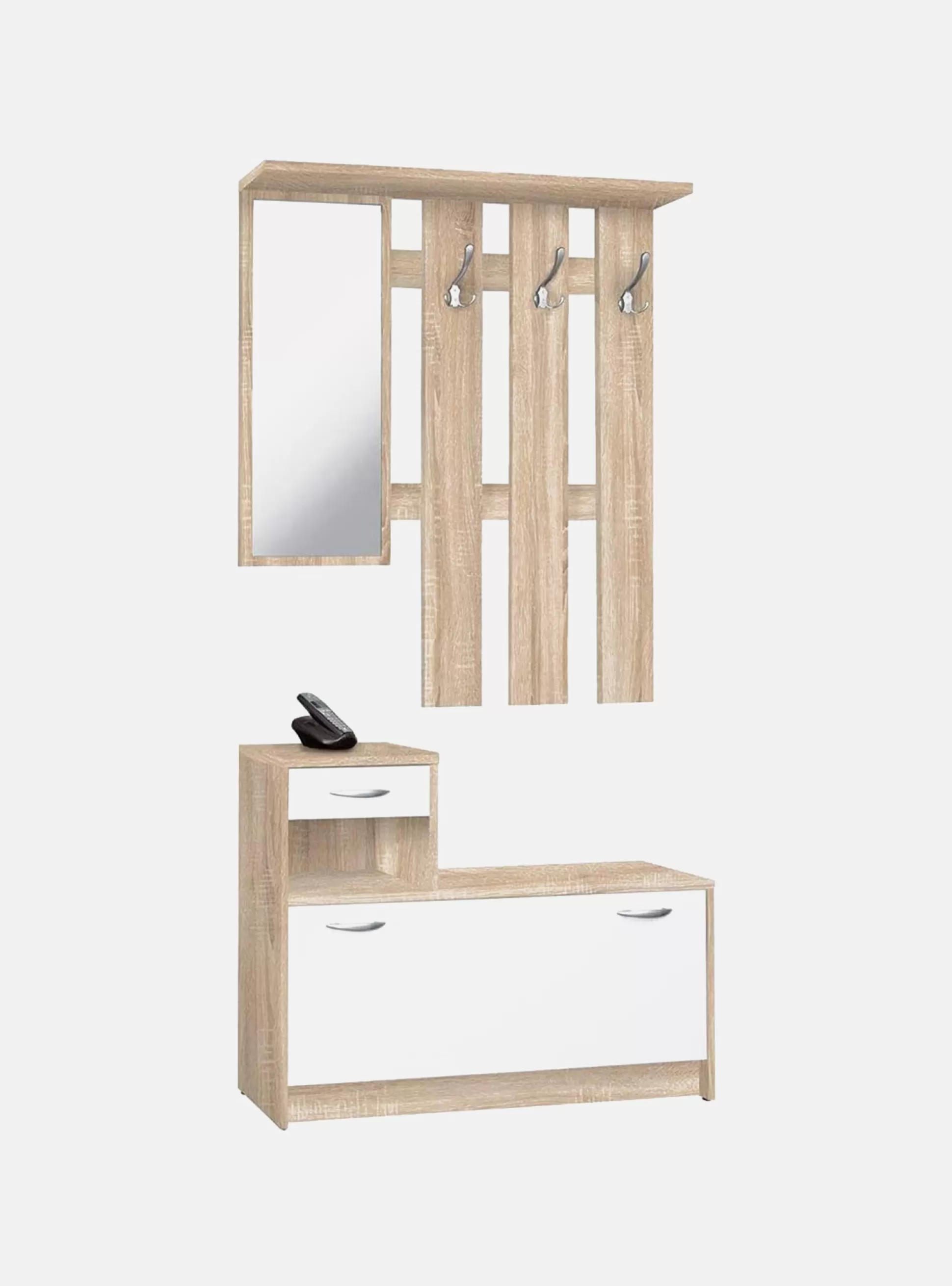 Dmora Mobili Da Ingresso<Mobile da ingresso con specchiera, entratina per atrio con scarpiera, Svuotatasche per piccoli appartamenti, cm 100x25h180, colore Bianco e Rovere