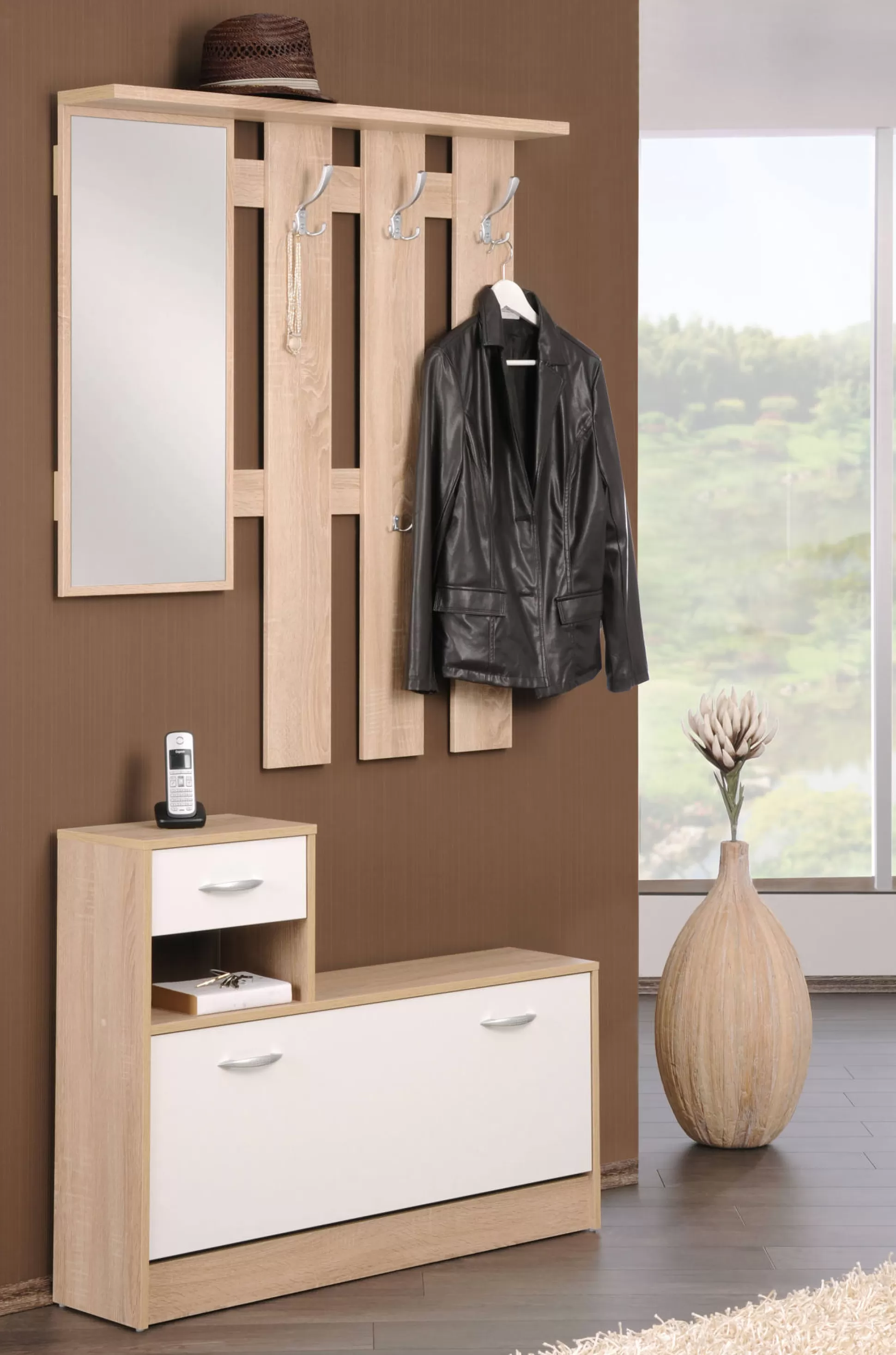 Dmora Mobili Da Ingresso<Mobile da ingresso con specchiera, entratina per atrio con scarpiera, Svuotatasche per piccoli appartamenti, cm 100x25h180, colore Bianco e Rovere