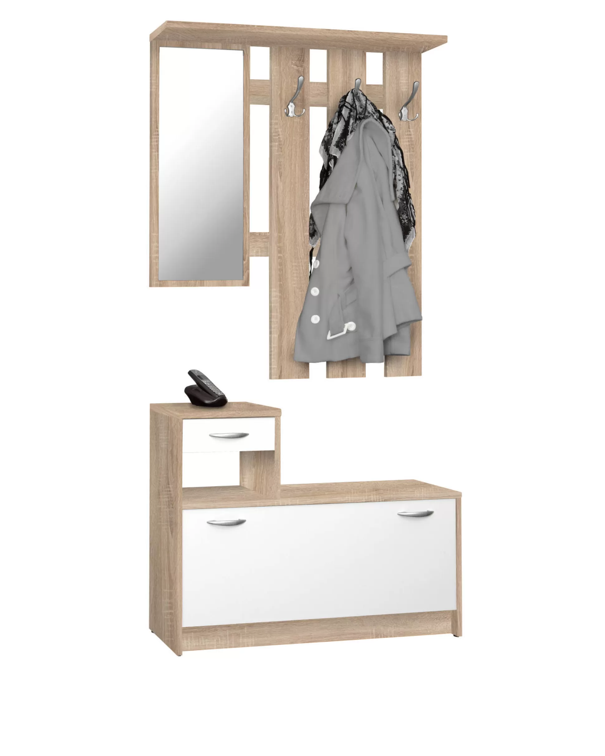 Dmora Mobili Da Ingresso<Mobile da ingresso con specchiera, entratina per atrio con scarpiera, Svuotatasche per piccoli appartamenti, cm 100x25h180, colore Bianco e Rovere