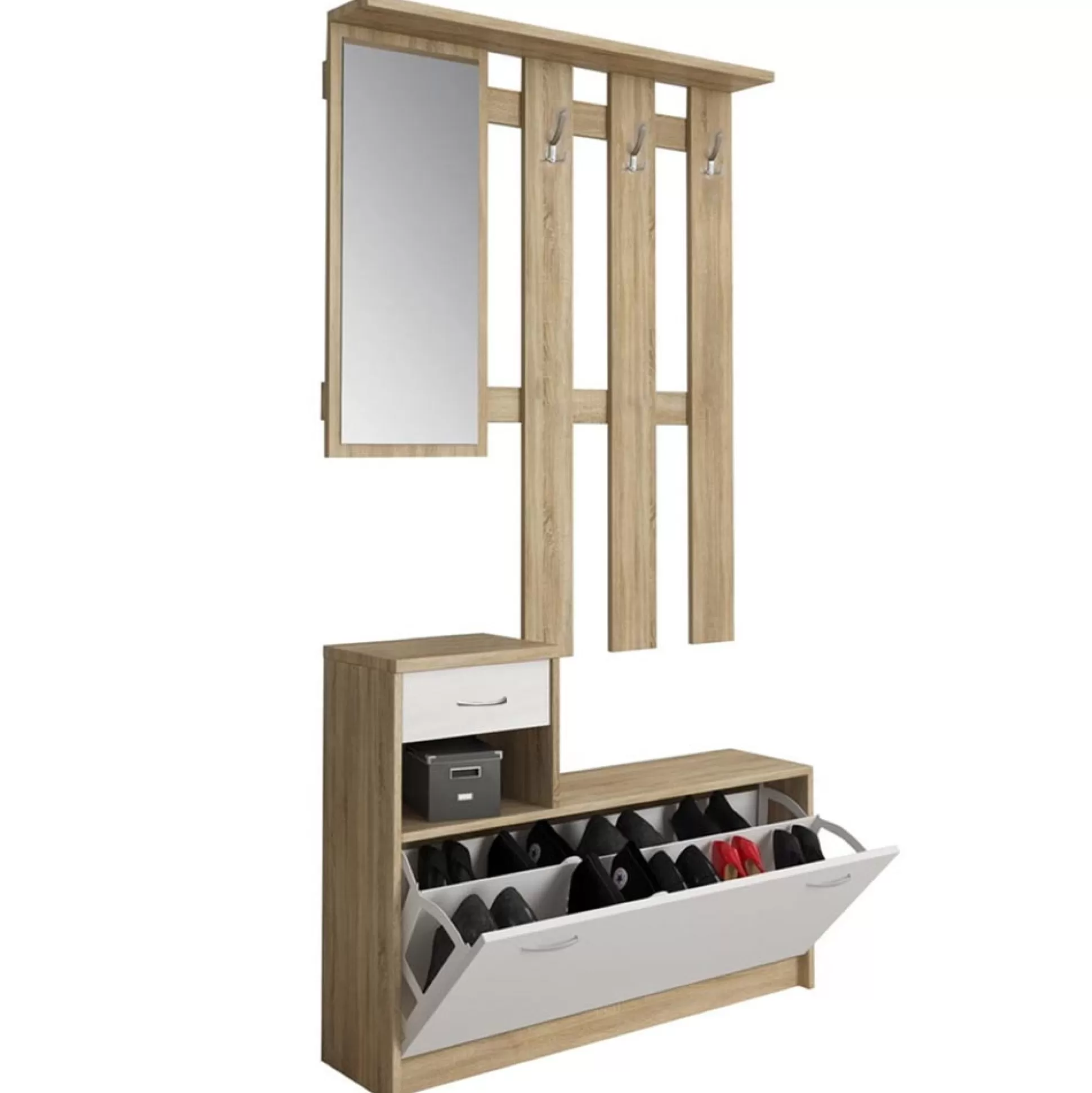 Dmora Mobili Da Ingresso<Mobile da ingresso con specchiera, entratina per atrio con scarpiera, Svuotatasche per piccoli appartamenti, cm 100x25h180, colore Bianco e Rovere
