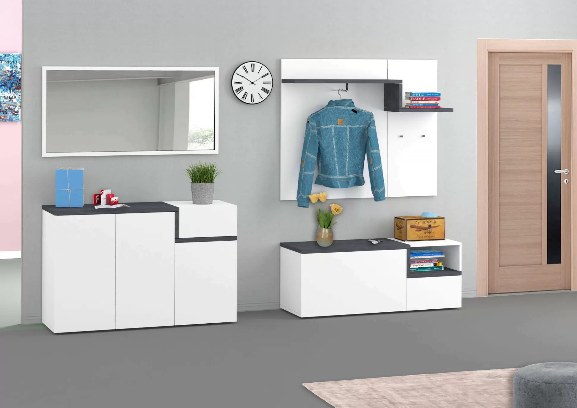 Dmora Mobili Da Ingresso<Mobile da ingresso Graziella, cm 120x40h54, Bianco lucido e Ardesia