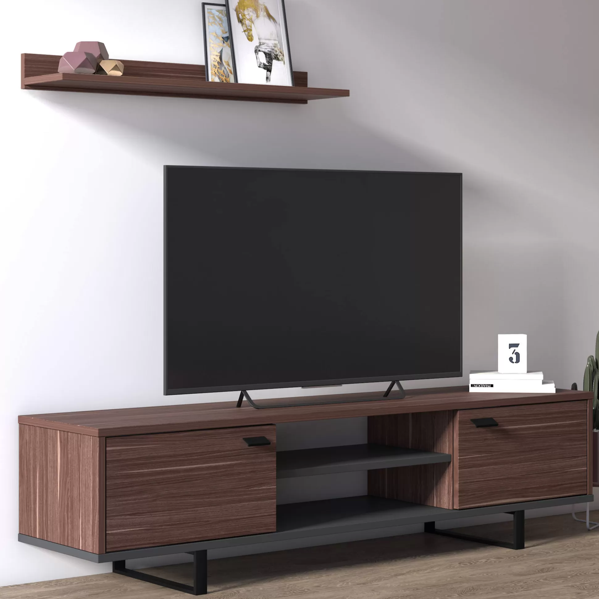 Dmora Mobili Porta Tv<Mobile da soggiorno porta TV con due ante e due ripiani, cm 150 x 35 x 44, colore e antracite