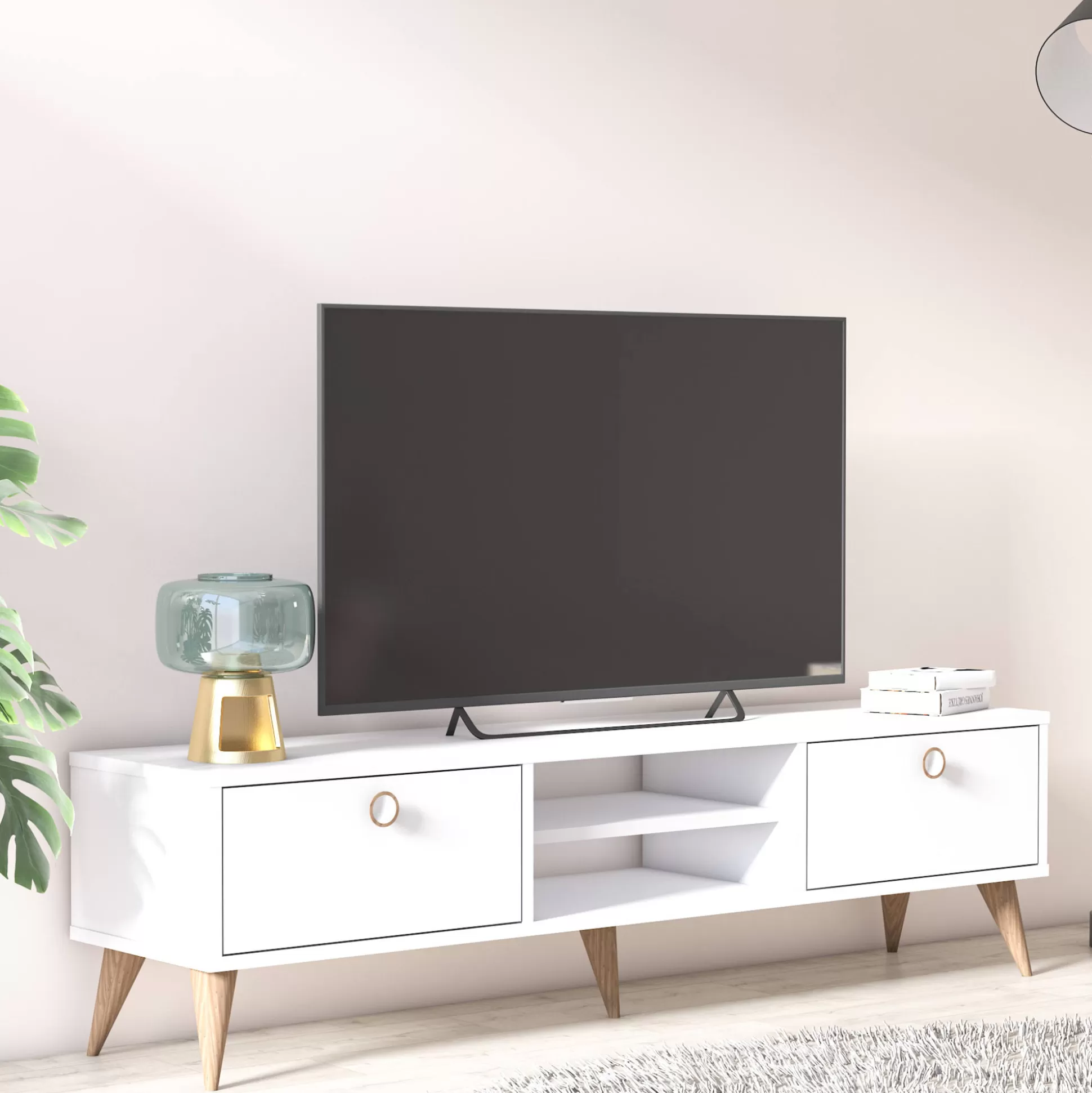 Dmora Mobili Porta Tv<Mobile da soggiorno porta TV con due antine e due vani centrali, cm 152 x 35 x 40, colore