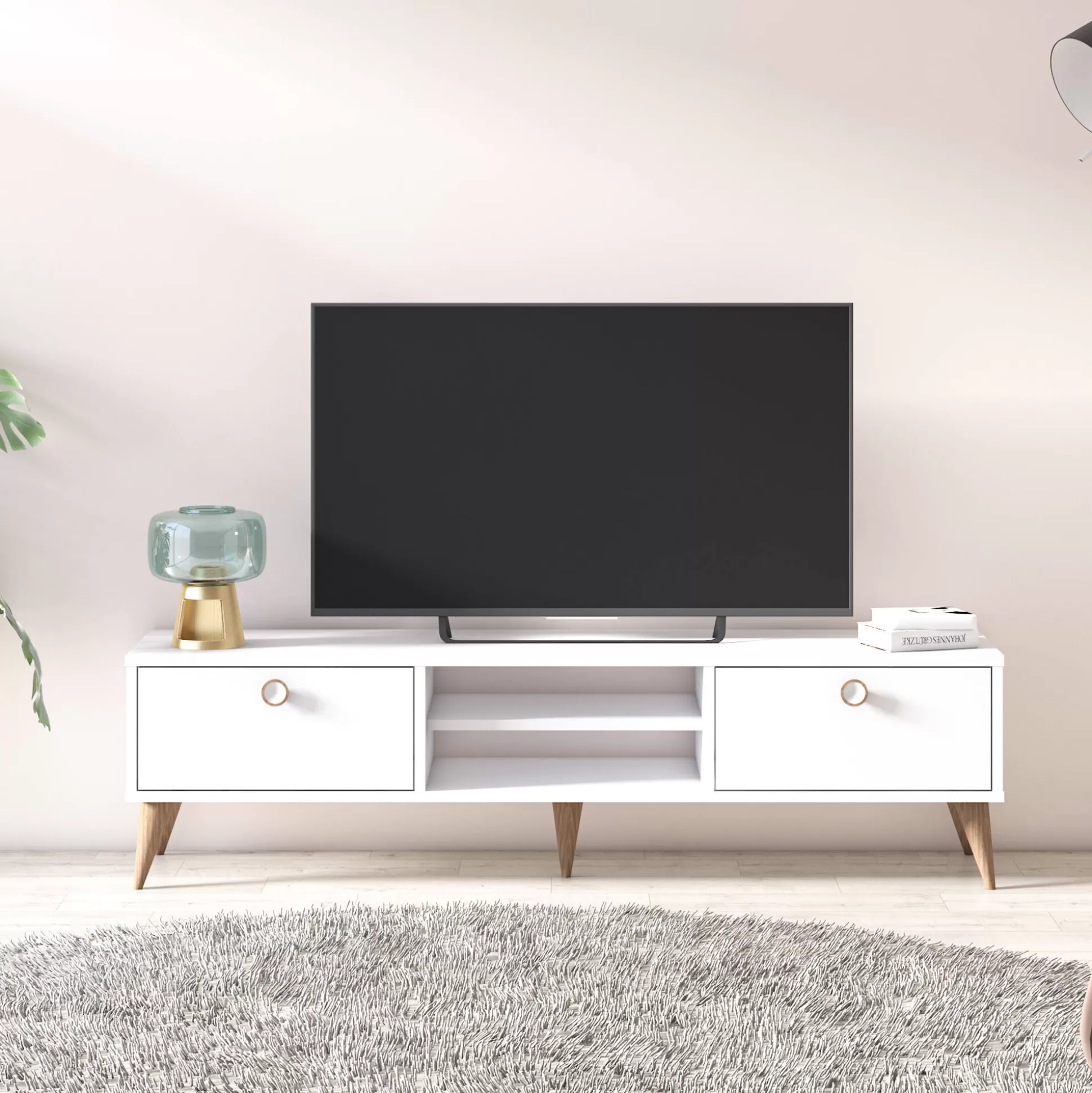 Dmora Mobili Porta Tv<Mobile da soggiorno porta TV con due antine e due vani centrali, cm 152 x 35 x 40, colore