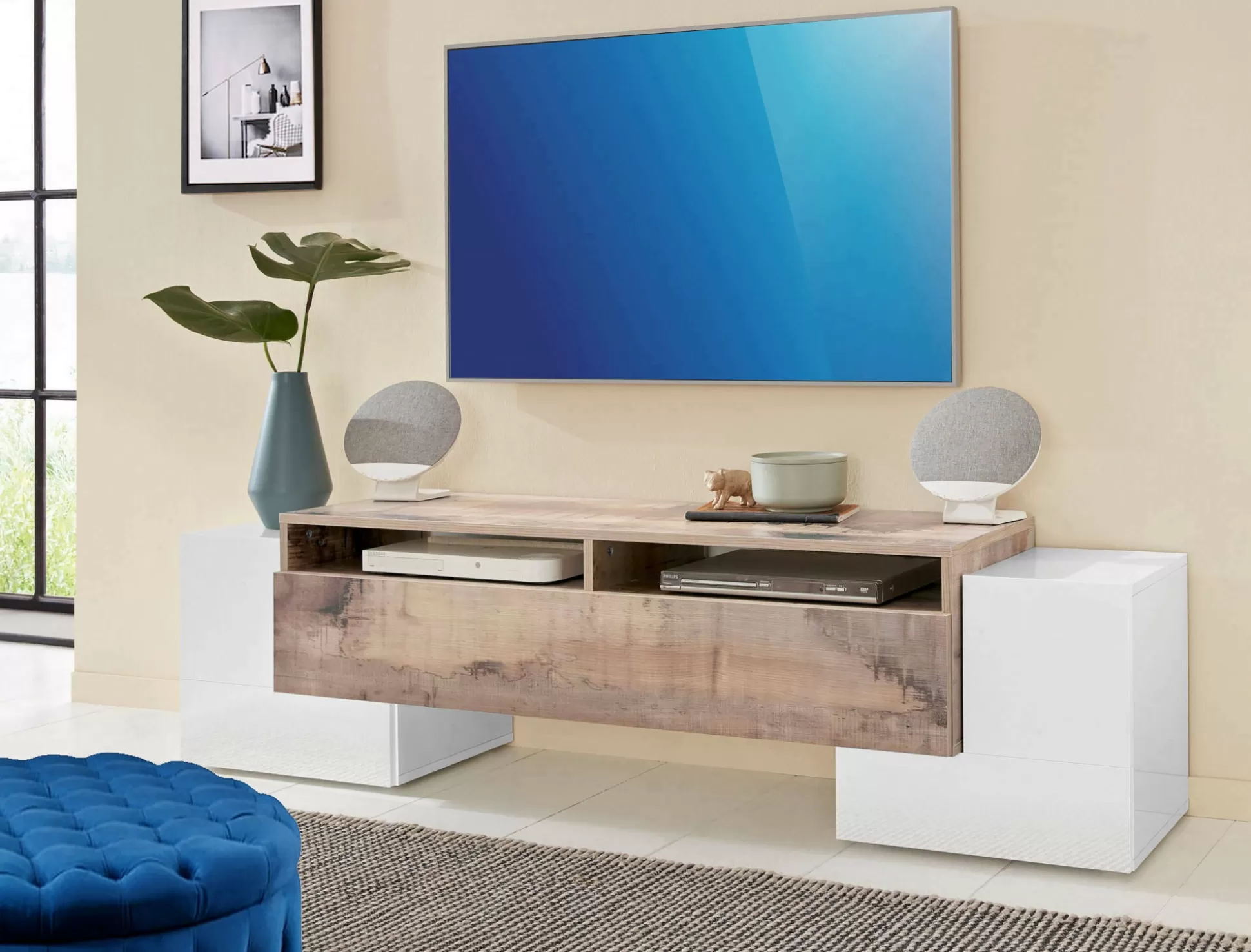 Dmora Mobili Porta Tv<Mobile porta TV Abele, cm 170x45h45, Bianco lucido e Acero