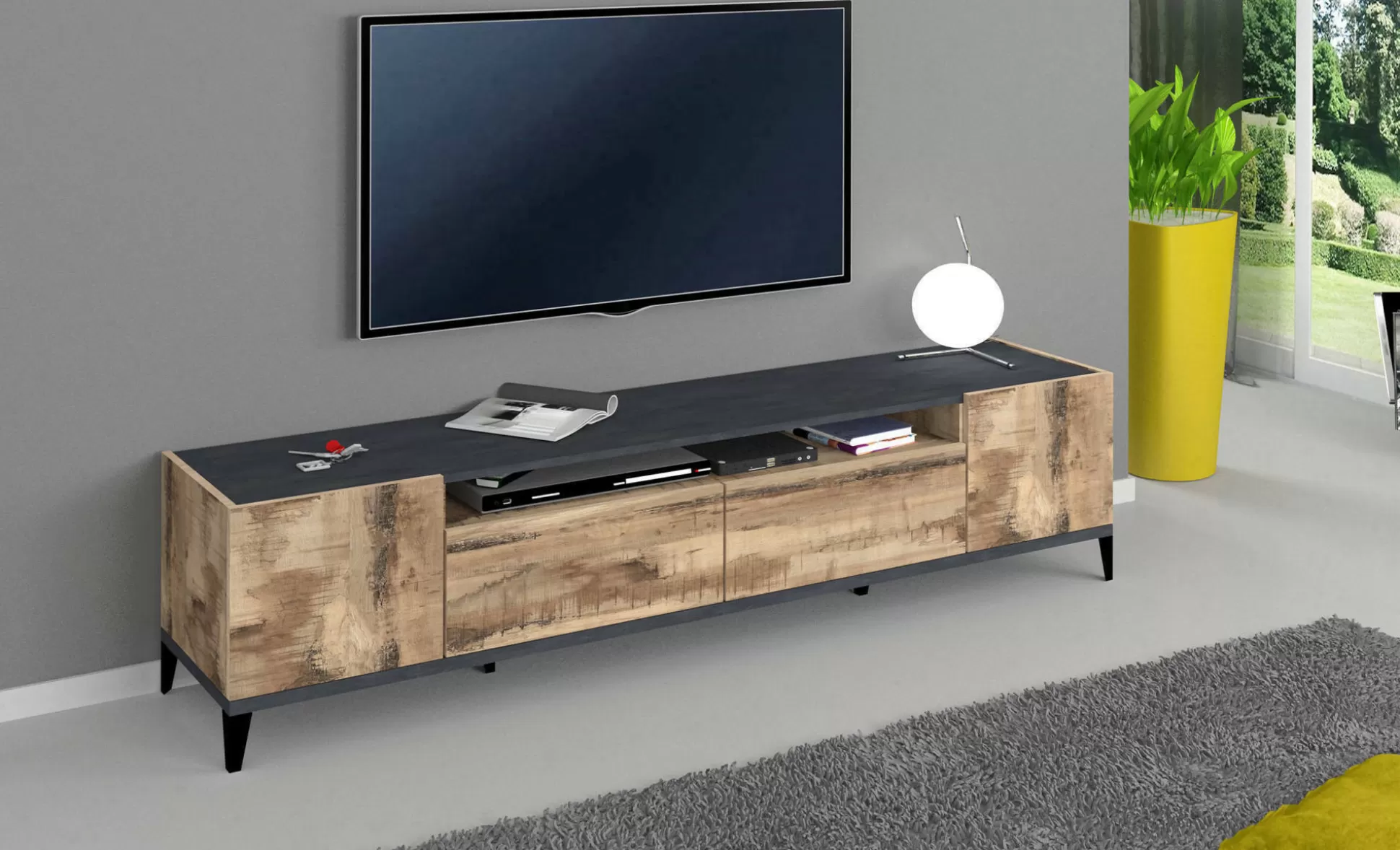 Dmora Mobili Porta Tv<Mobile porta TV Abina, cm 200x40h47, Ardesia e Acero