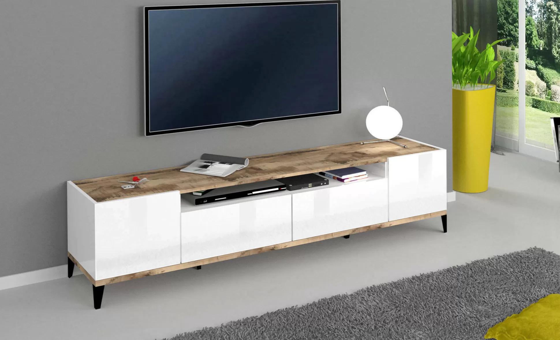 Dmora Mobili Porta Tv<Mobile porta TV Abina, cm 200x40h47, Bianco lucido e Acero