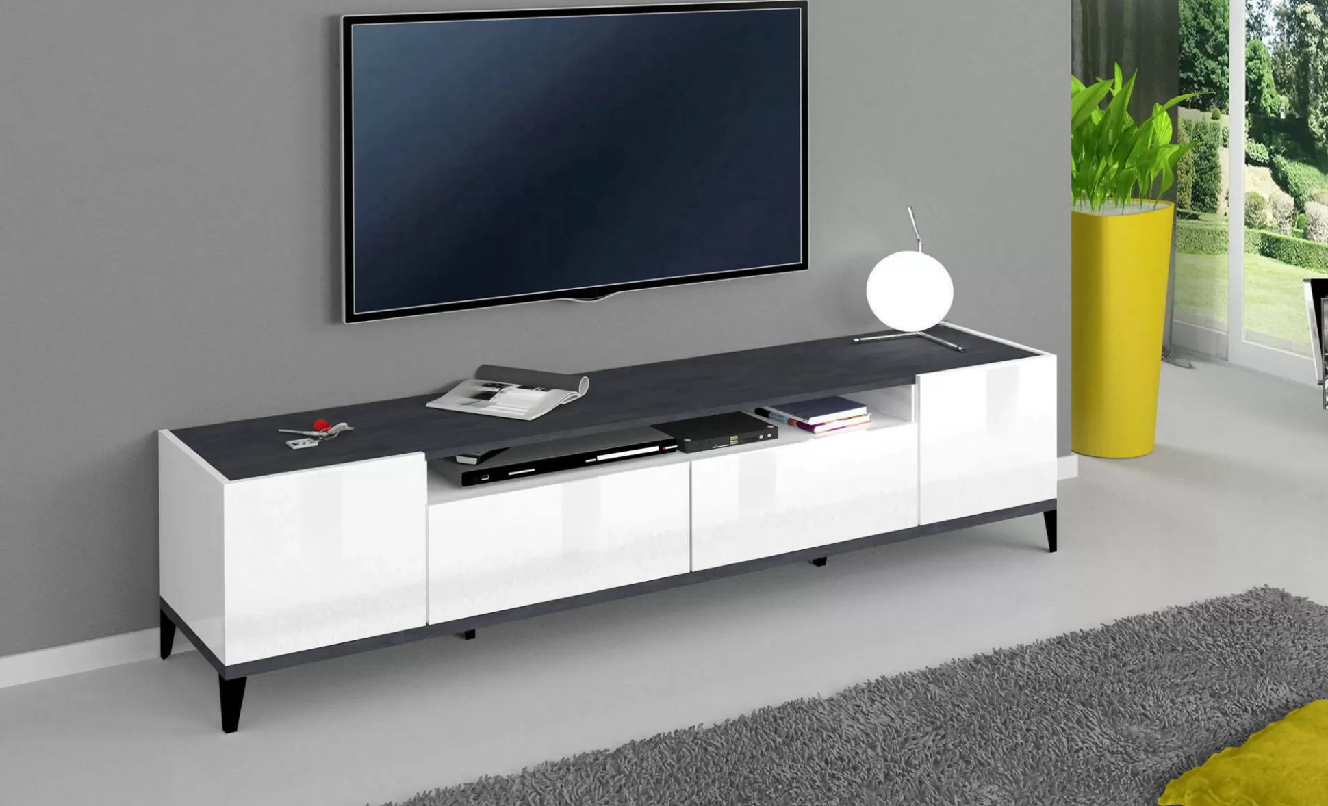 Dmora Mobili Porta Tv<Mobile porta TV Abina, cm 200x40h47, Bianco lucido e Ardesia