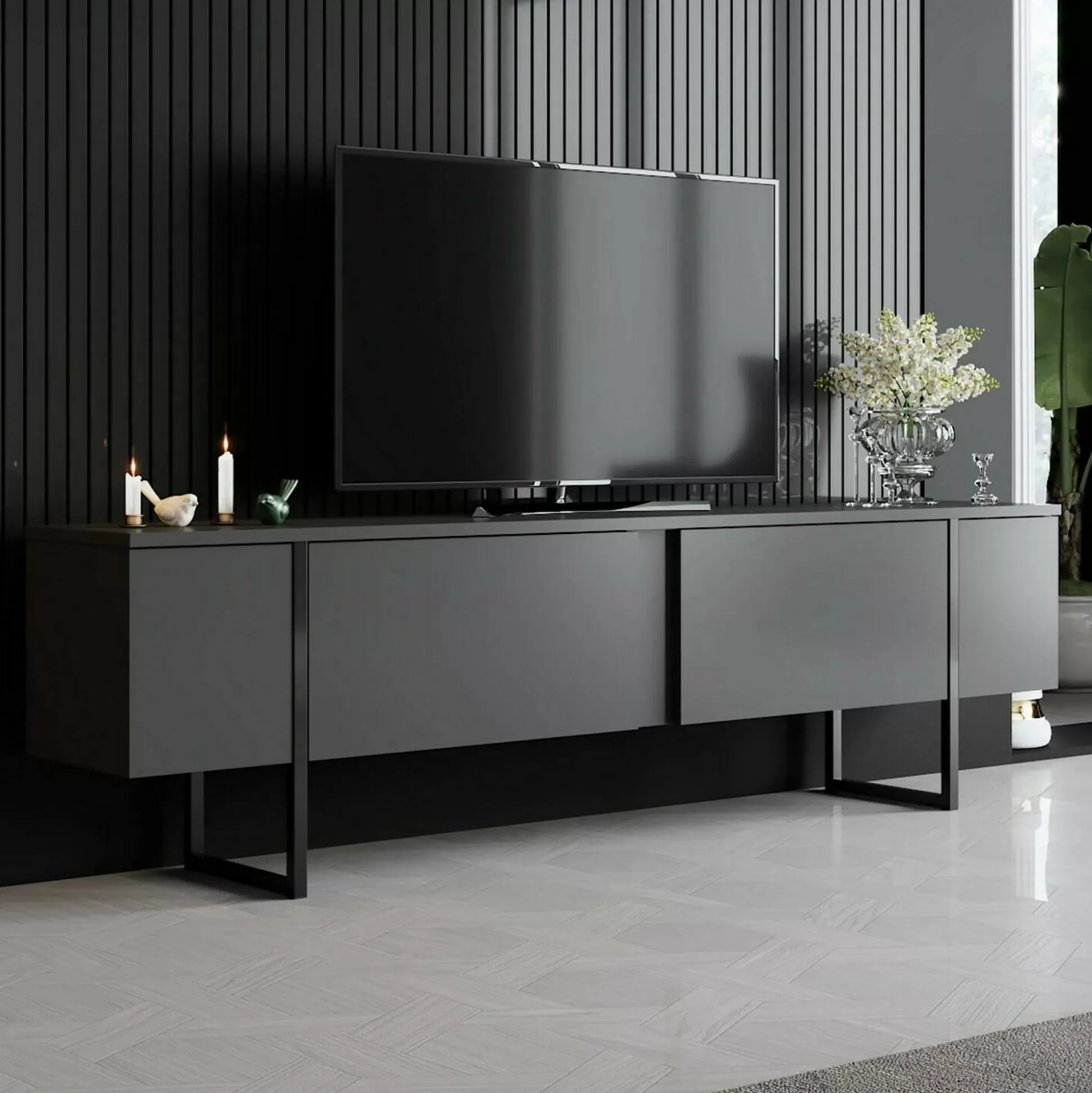 Dmora Mobili Porta Tv<Mobile porta TV Abishia, 180x30h50 cm, Antracite e Nero