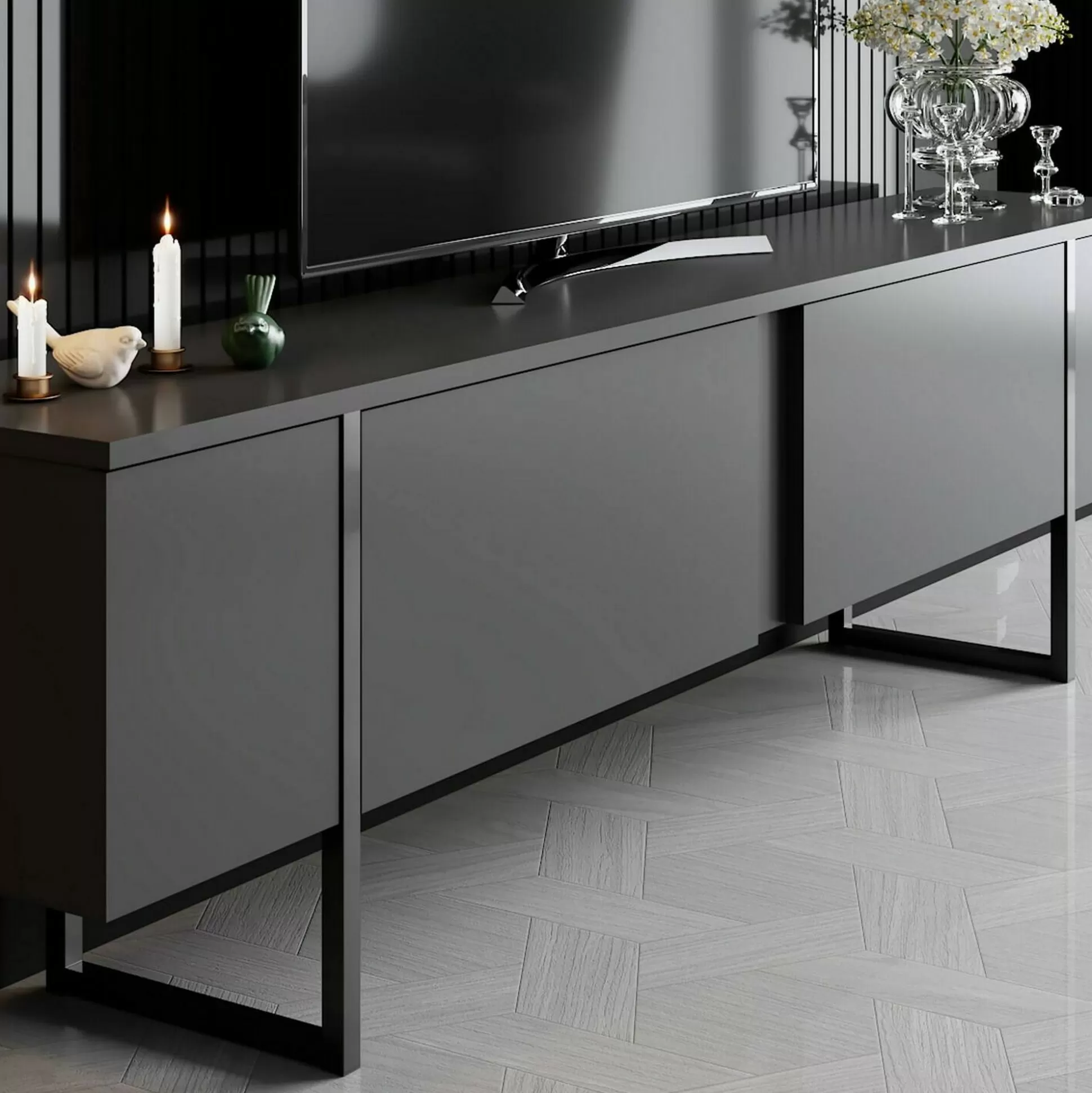 Dmora Mobili Porta Tv<Mobile porta TV Abishia, 180x30h50 cm, Antracite e Nero