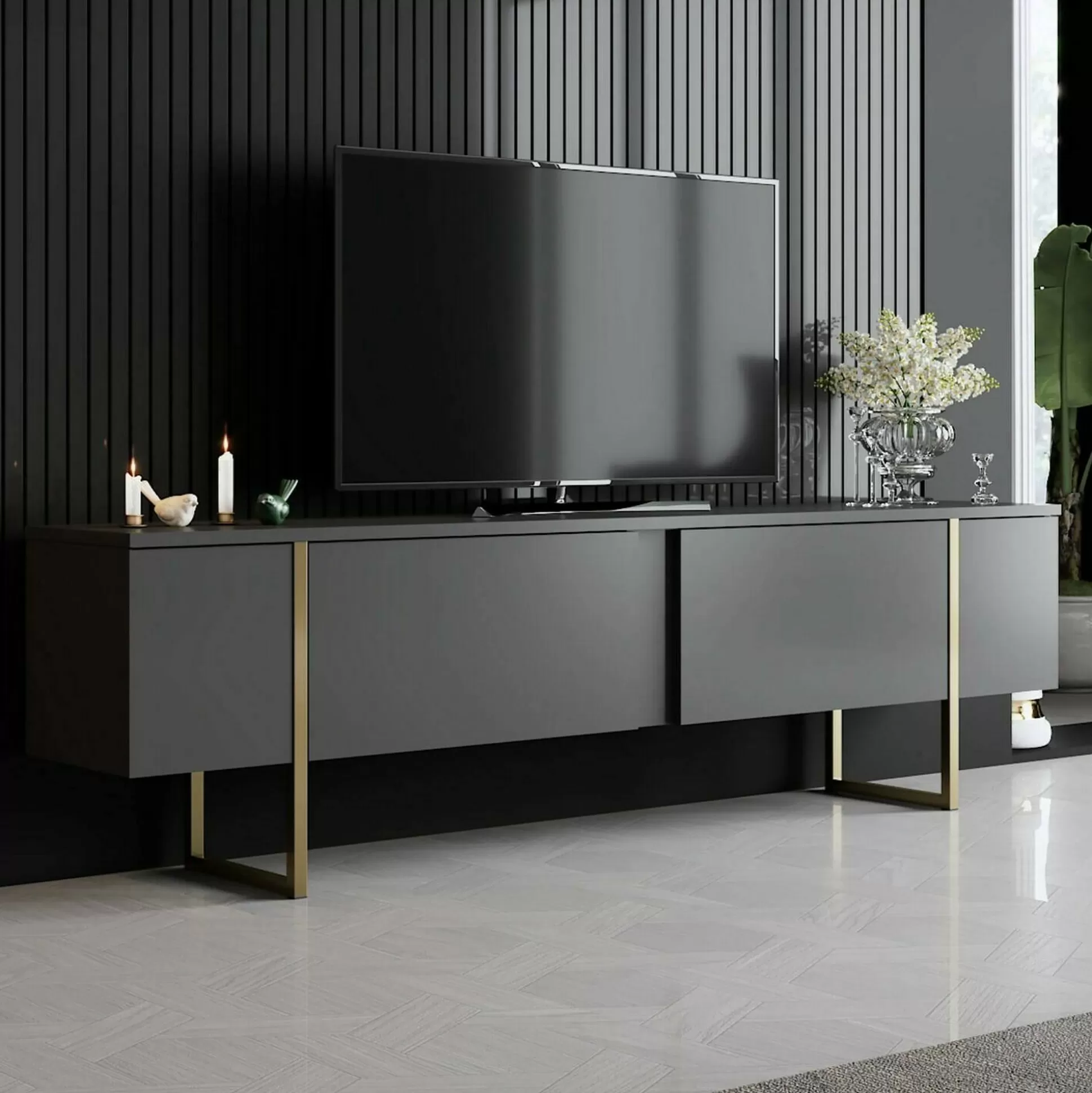 Dmora Mobili Porta Tv<Mobile porta TV Abishia, 180x30h50 cm, Antracite e Oro