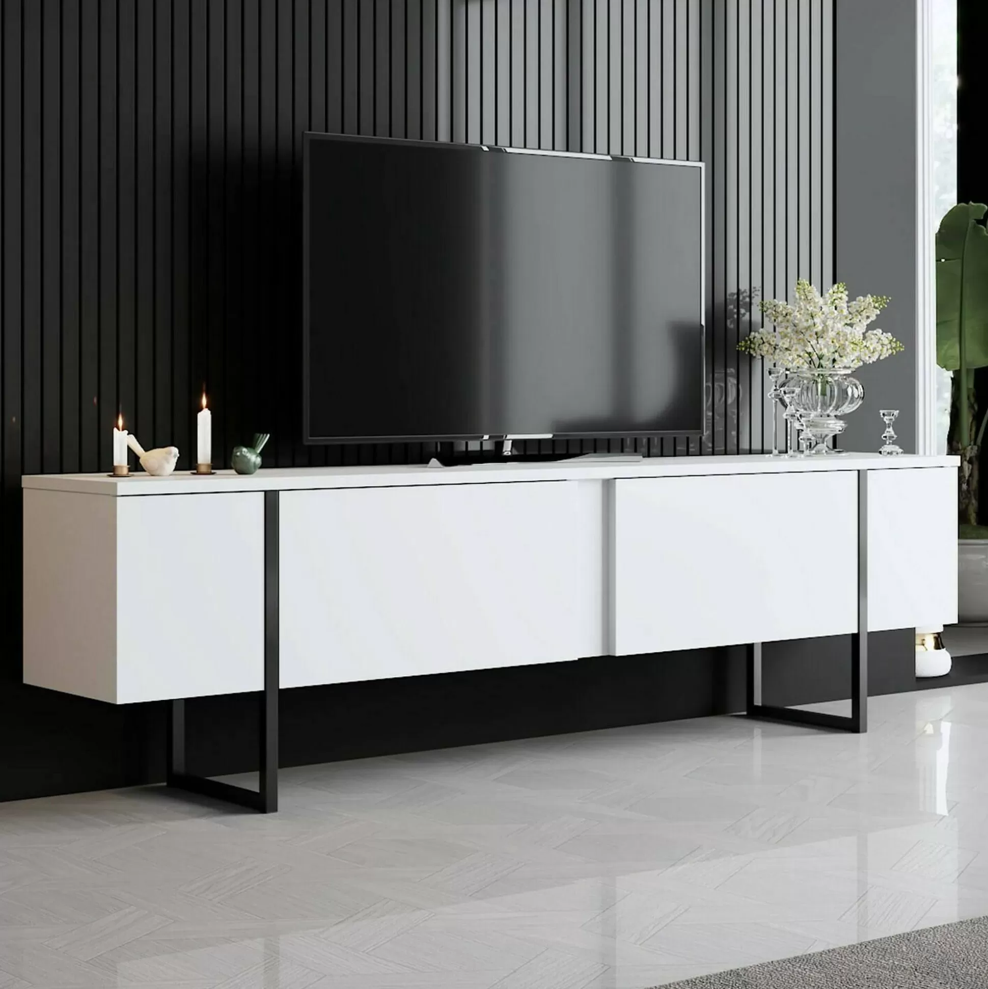 Dmora Mobili Porta Tv<Mobile porta TV Abishia, 180x30h50 cm, Bianco e Nero