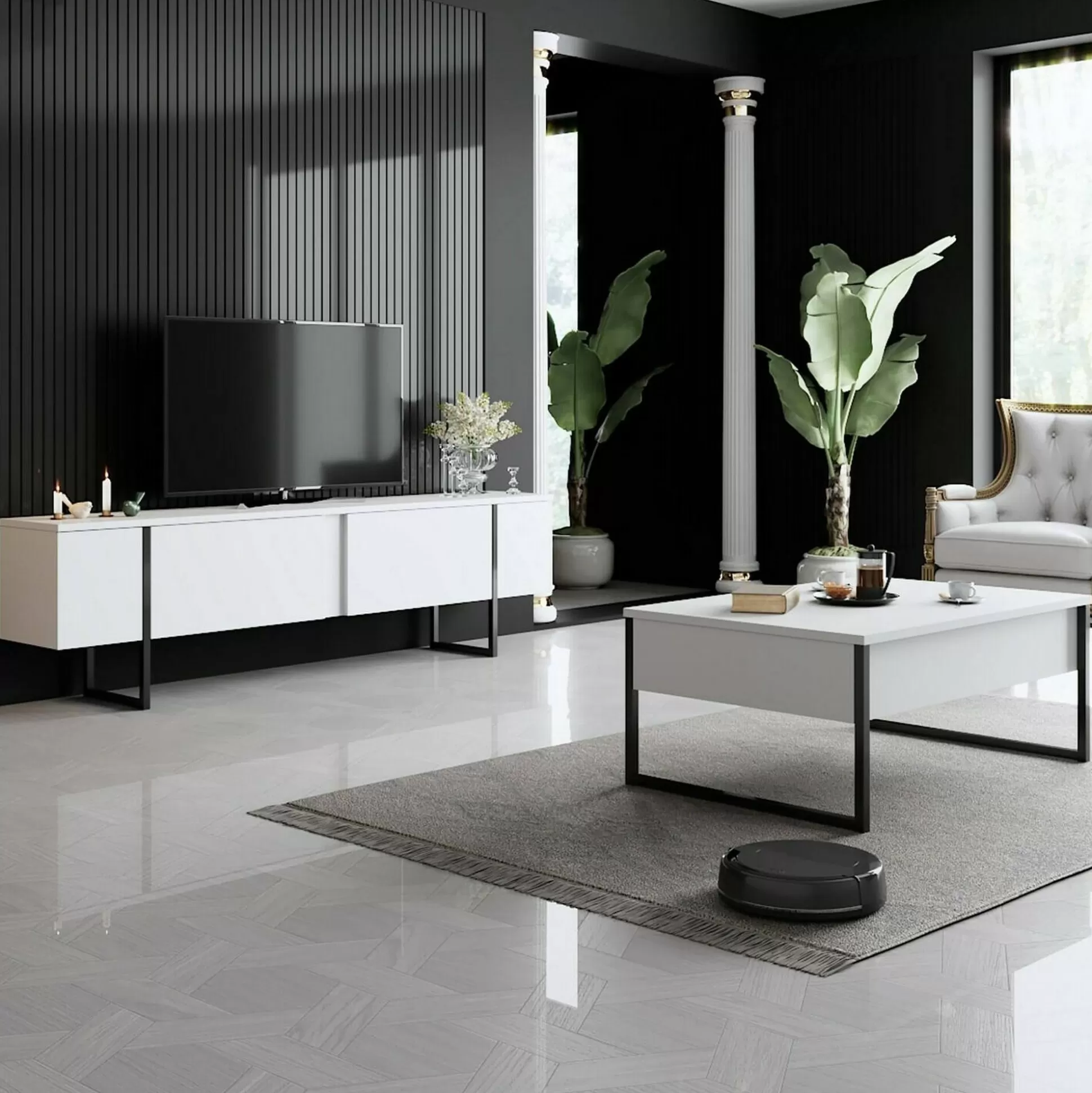 Dmora Mobili Porta Tv<Mobile porta TV Abishia, 180x30h50 cm, Bianco e Nero