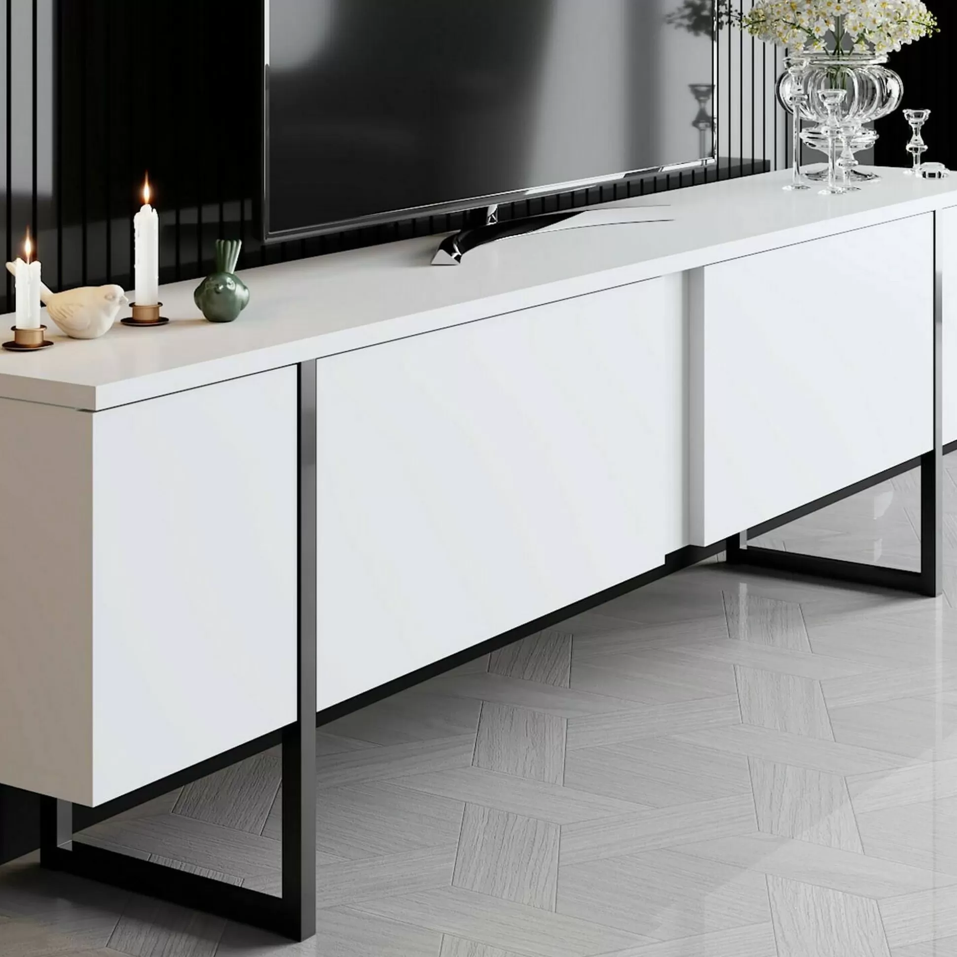 Dmora Mobili Porta Tv<Mobile porta TV Abishia, 180x30h50 cm, Bianco e Nero